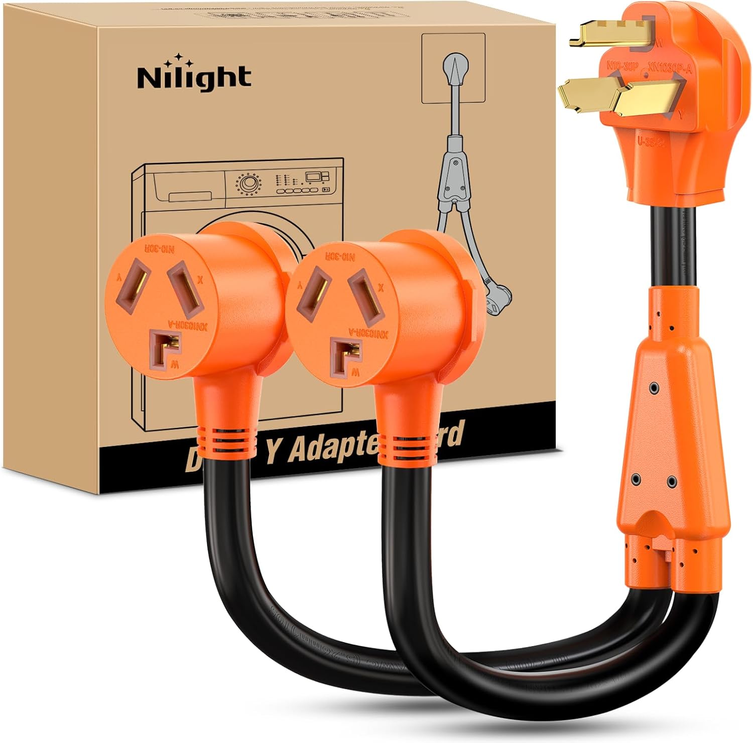 Nilight EV Dryer Y Splitter Adapter Cord 30 Amp Male Plug to Two 30Amp Female Receptacle 3 Prong 125V/250V 7500 Watt Pure Copper Conversion Heavy Duty STW 10 AWG Cable 10-30P 10-30R 30M/30F