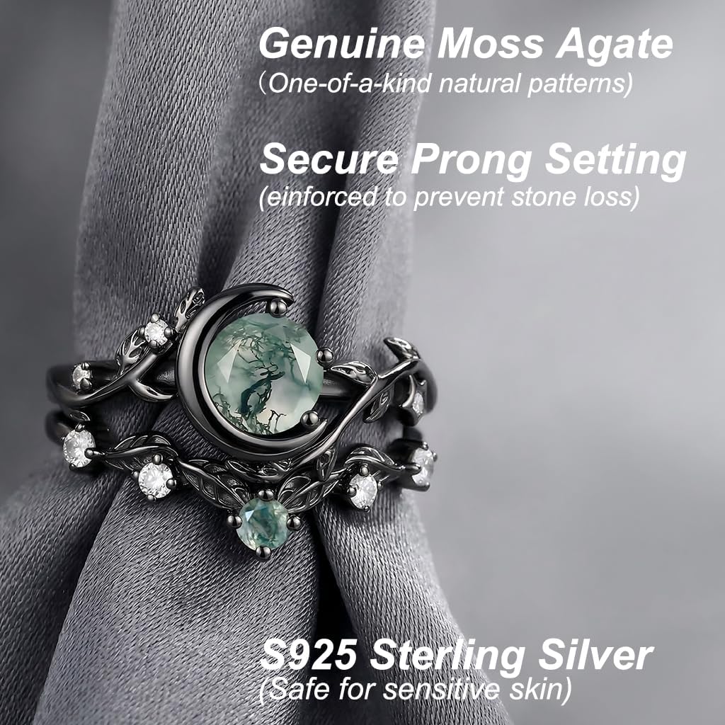 Black Moss Agate Wedding Ring Set 925 Sterling Silver /10k/14k/18k Gold Oval/Pear/Kite/Round/Heart for Women Ring Moss Agate Engagement Ring for Wife/Mother