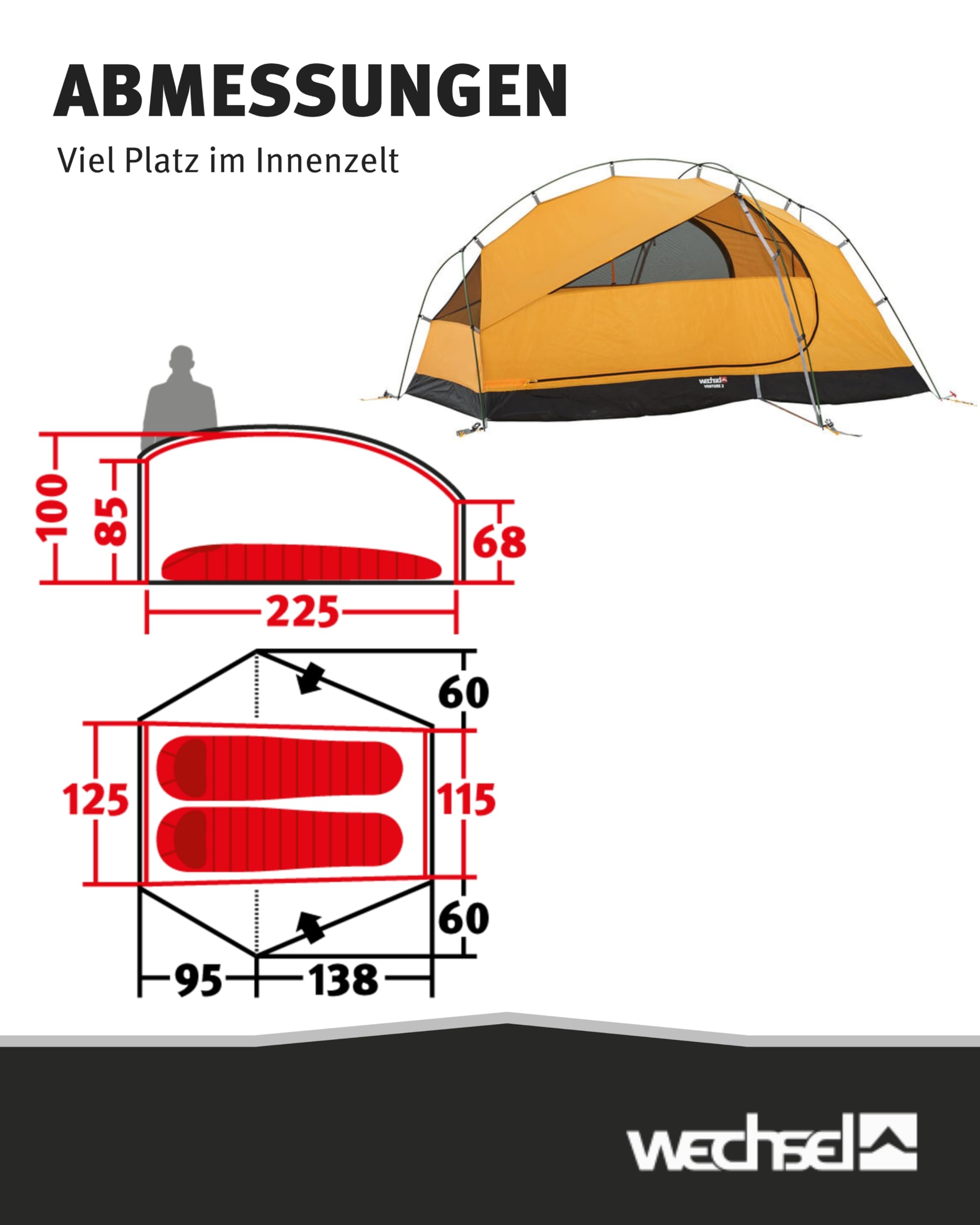 Wechsel Trekkingzelt Venture 2 I Kuppelzelt für 2 Personen I schnell aufbaubares Hybridzelt I kompakt & transportabel I ideales Outdoor-Zelt für Camping, Wandern & Bike Packing