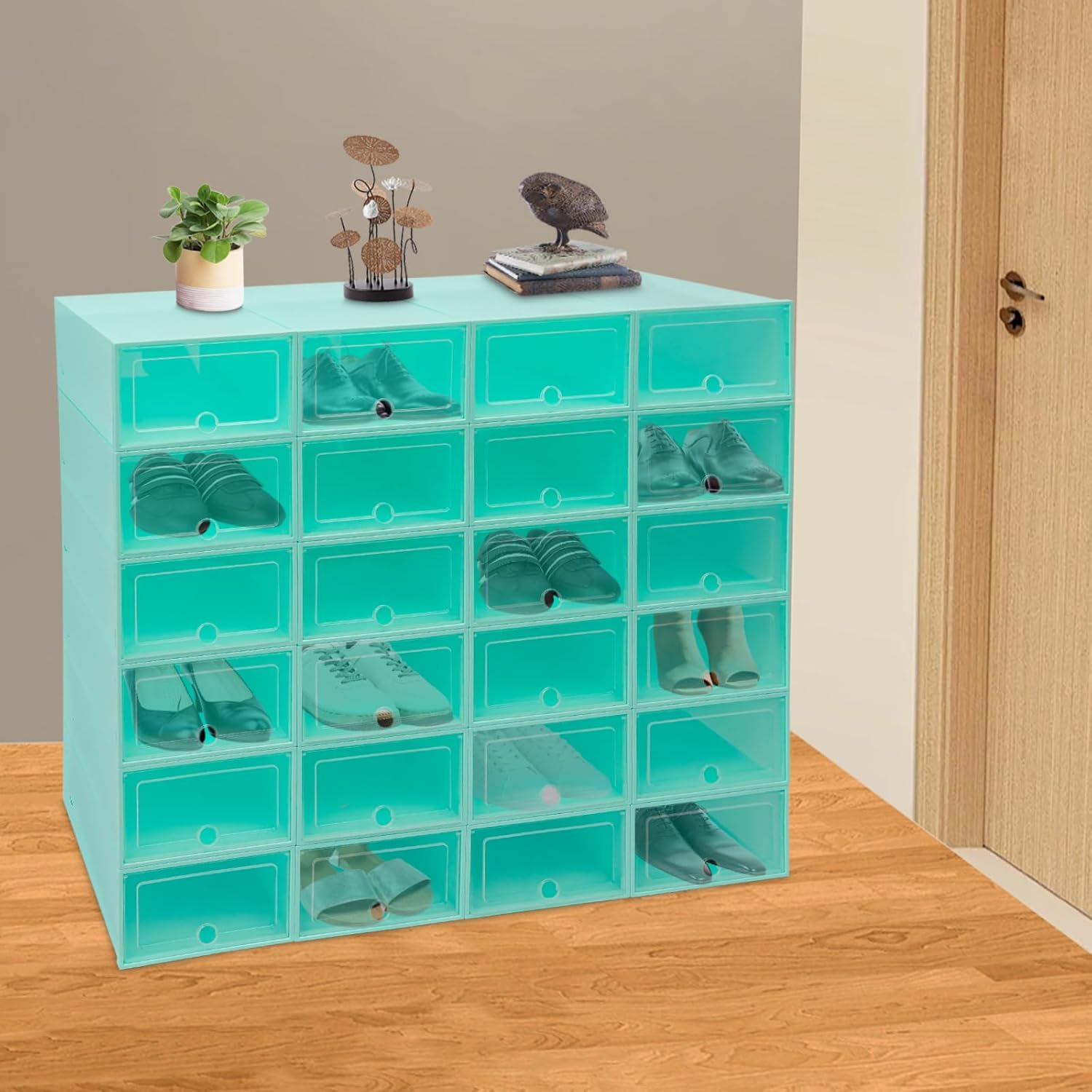 Shoe Storage Boxes Organizers, Clear Plastic Stackable 24 Pack, Shoe Rack & Holder Substitute, Sneaker Containers, Toy Storage Organizer Bins for Entryway, Closet, Under Bed, Emerald Green
