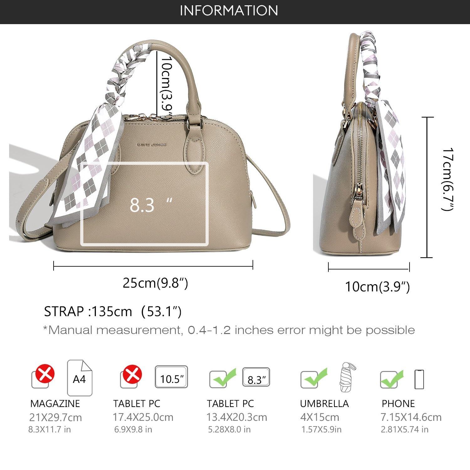 David Jones - Petit Sac à Main Femme Forme Bugatti - Cabas Fourre-Tout Porté Epaule Bandoulière Simili Cuir PU - Tote Shopper Elégant Mode Ville Chic Tendance Original