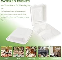 Vista 4 de Azure Zone, Concha desechable compostable de 8 pulgadas, 3 compartimentos, paquete de 100 recipientes para llevar, biodegradables hechos de fibras