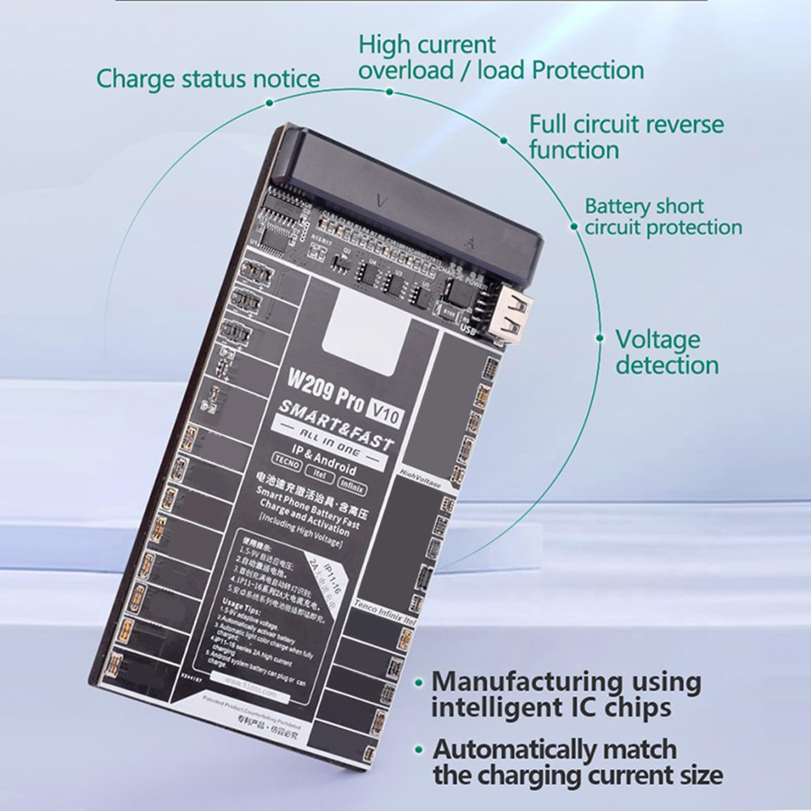 Scheda attivazione della batteria W209 V10 con monitoraggio in reale per circuito del tester per la ricarica rapida del telefono Appassionati fai da te