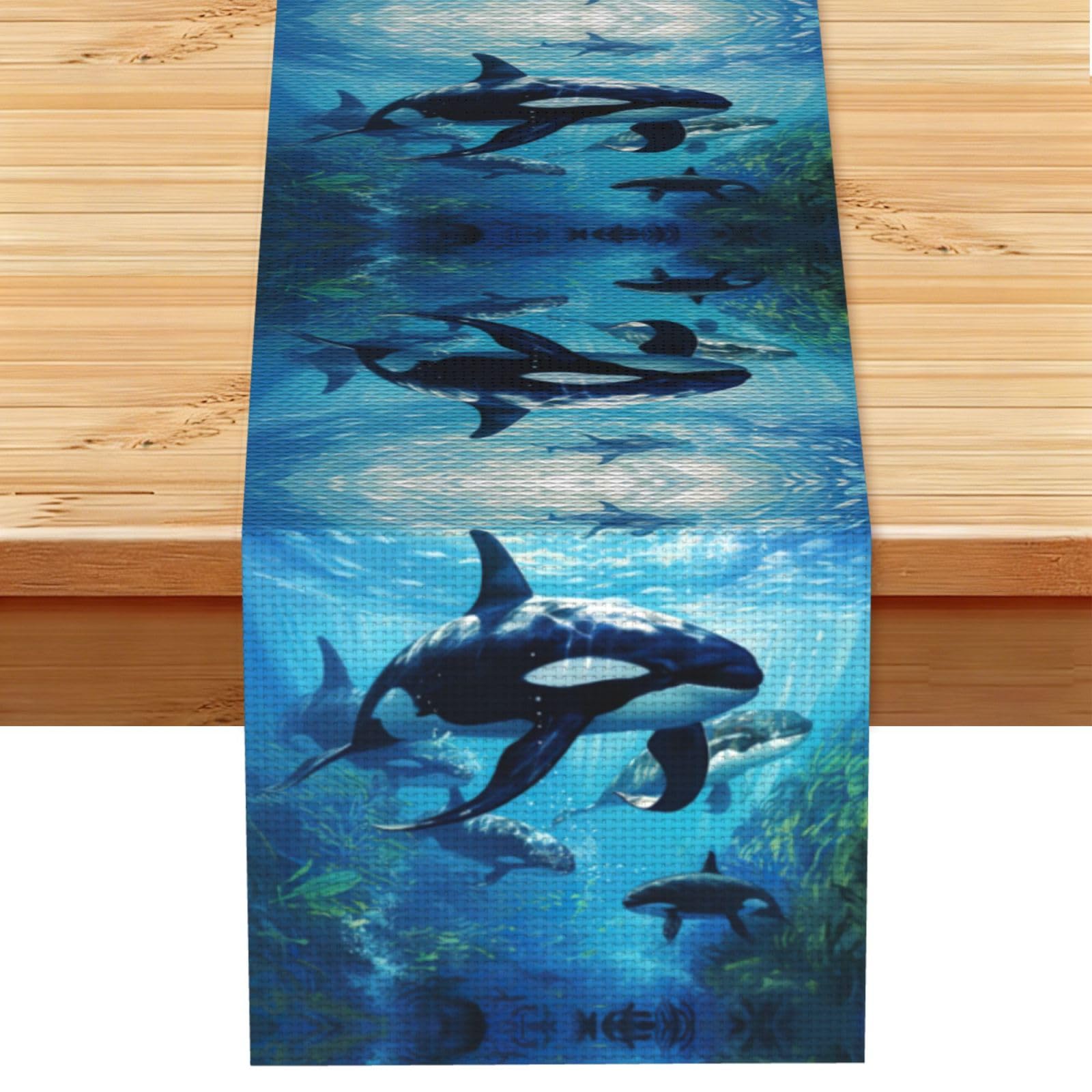 Killer Whales Swim Along Printed Dining Table Runner 13x72 Inch, Non-Fading Decor for Kitchen Dresser Fireplace Mantel