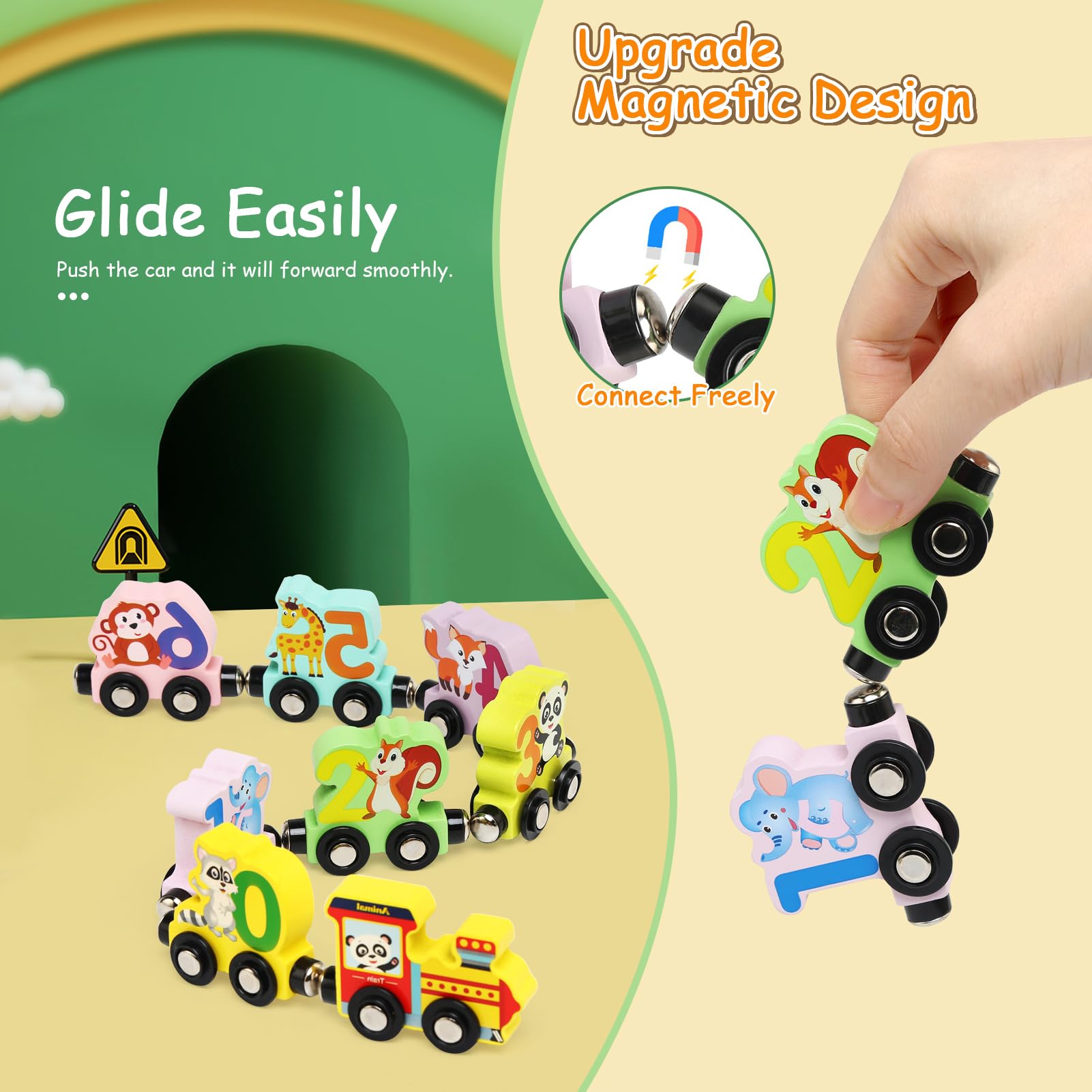 Train Jouet en Bois pour Enfant, Aimant Numéro Set, Montessori Voitures à Moteur Magnétique, Jeux Educatif 1-4 Ans