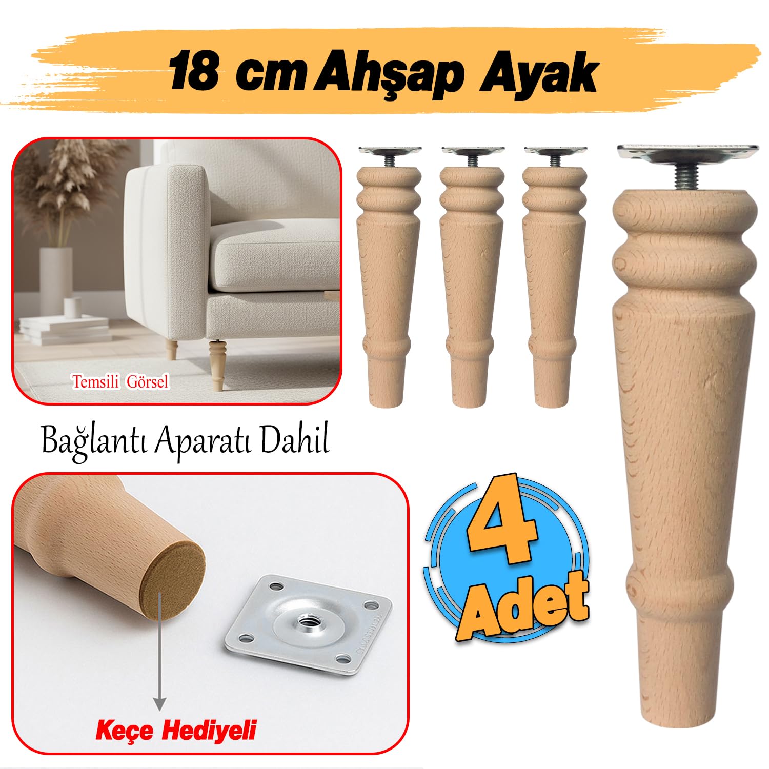 (4 Adet) Bohem 18 cm Doğal Boyasız Ahşap Ayak Silindir Mobilya Koltuk Kanepe Ayağı & Montaj Aparat