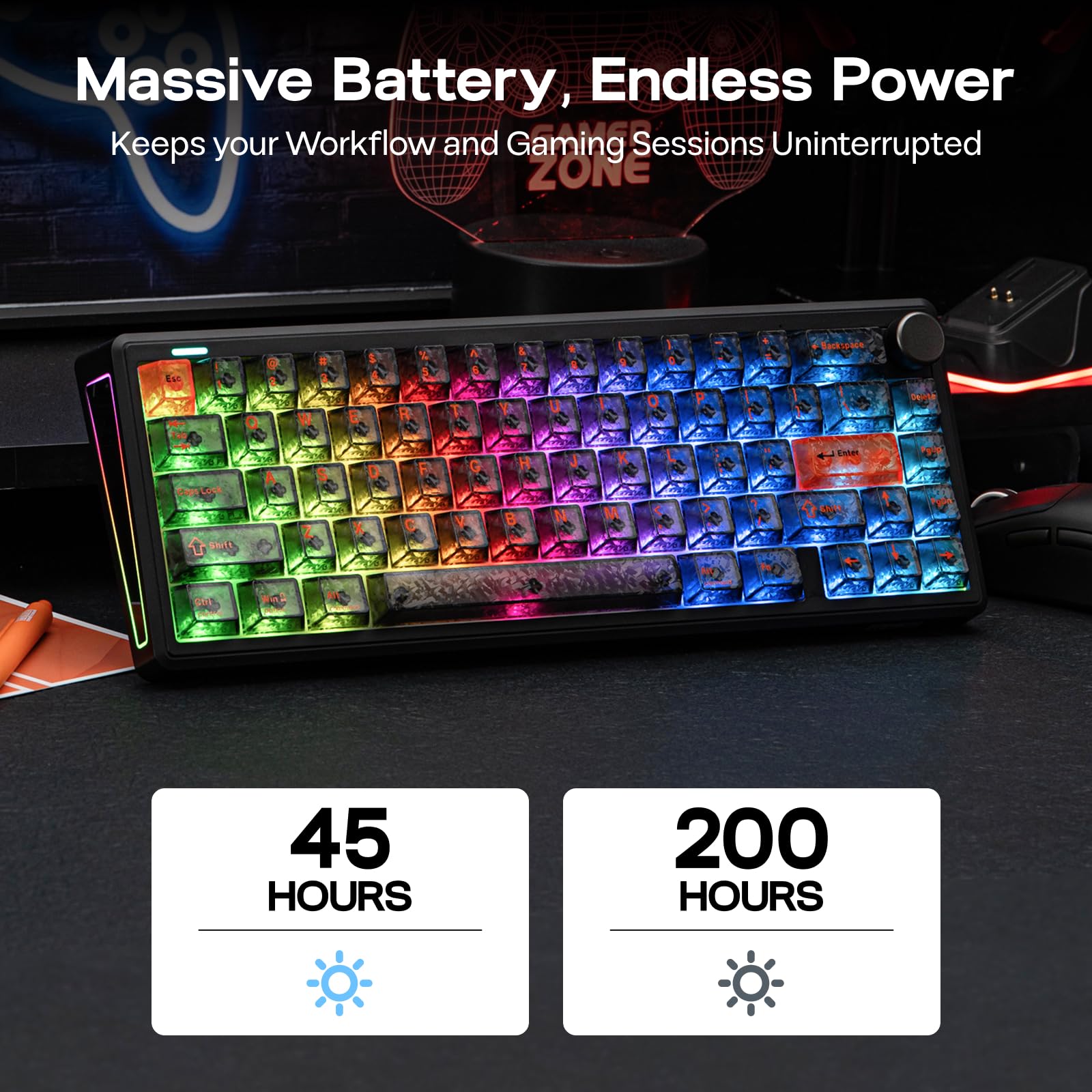 EPOMAKER TH65 Teclado Mecánico Inalámbrico con Perilla (Negro, Crystal) | Formato 65%, Batería de 8000mAh, Soporte Ajustable para la Comodidad, BT/2.4GHz/USB-C, Hot-Swappable, RGB, Gasket Suave