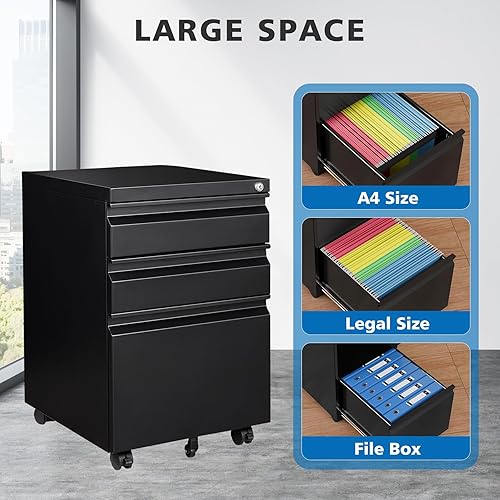 Miniatura 4 de Archivador de 3 cajones con cerradura de metal vertical con ruedas, archivador móvil para oficina y hogar, requiere montaje (negro)