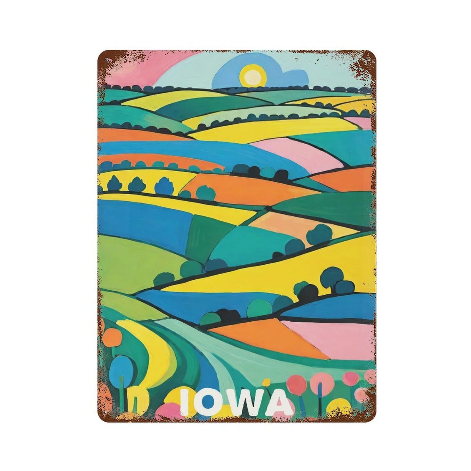 Rust Effect Iowa Print Travel Poster Decorative Tin Sign 15.7"x11.8", Classic Wall Plaque for Pub, Kitchen And Man Cave Decor