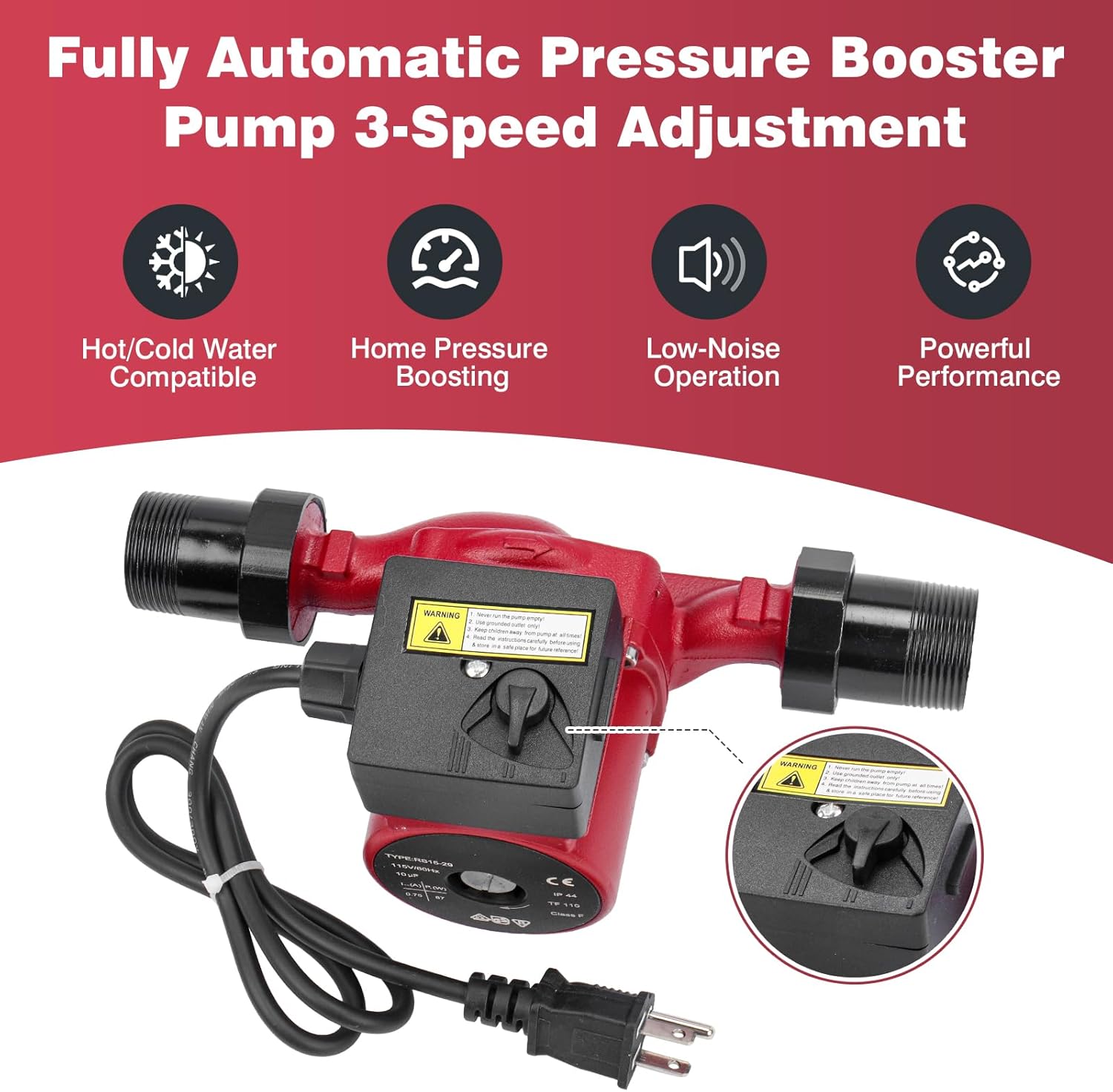 59896775 Circulator Pump 115V Replacement Compatible with Grundfos UP15-29SU Hot Water Circulator Used for Water Heater/Floor heating/Radiant Heating/Hydronic Heating/Solar and Other System Types