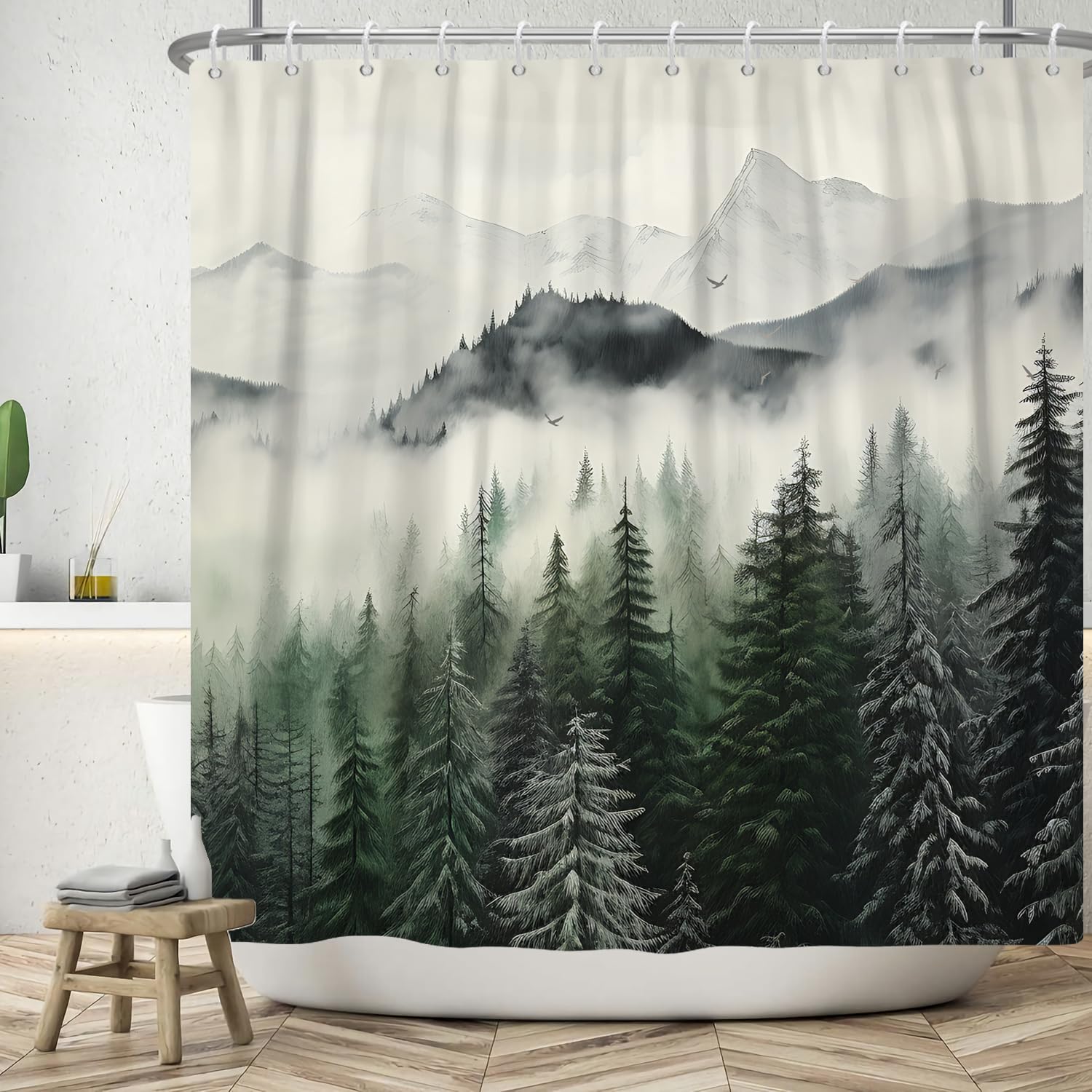 Rideau de douche forêt pour s'évader dans une jungle verte et brumeuse