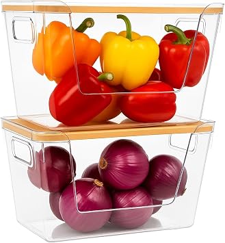 2PC Stackable Fridge Organizers with Lid Produce Storage Bins