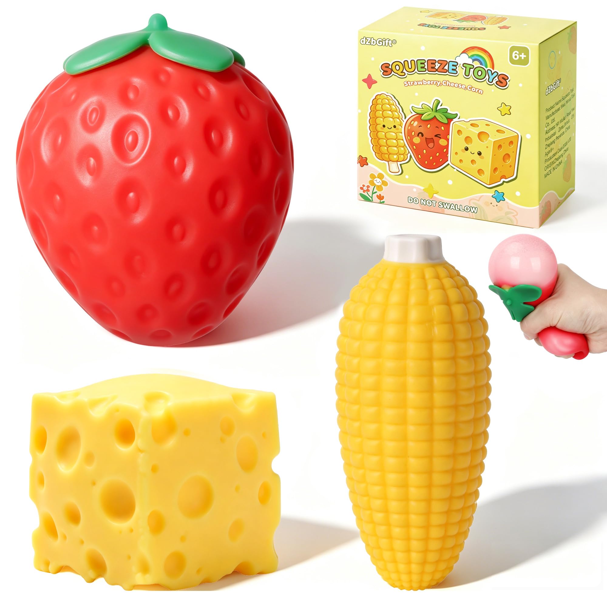 dZbGift 3pcs Fruit Squishy- Cheese Squishy,Strawberry Corn Squishy,Squeeze Toys,Fruit squishies for Stress Relief,Gift for Boys Girls Adults