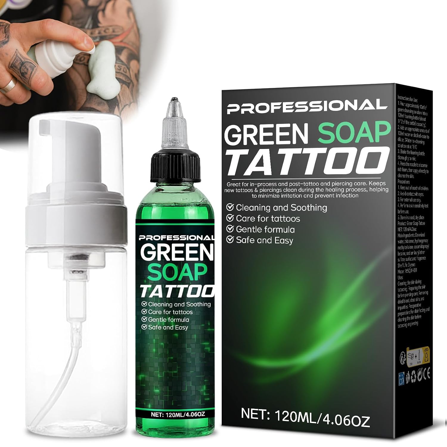 Bondtech Green Soap Tattoo Concentrated 4OZ with Foaming Bottle 120ml, Tattoo Soap Supplies for Piercings and Clean Skin, Effective & Gentle (Green)