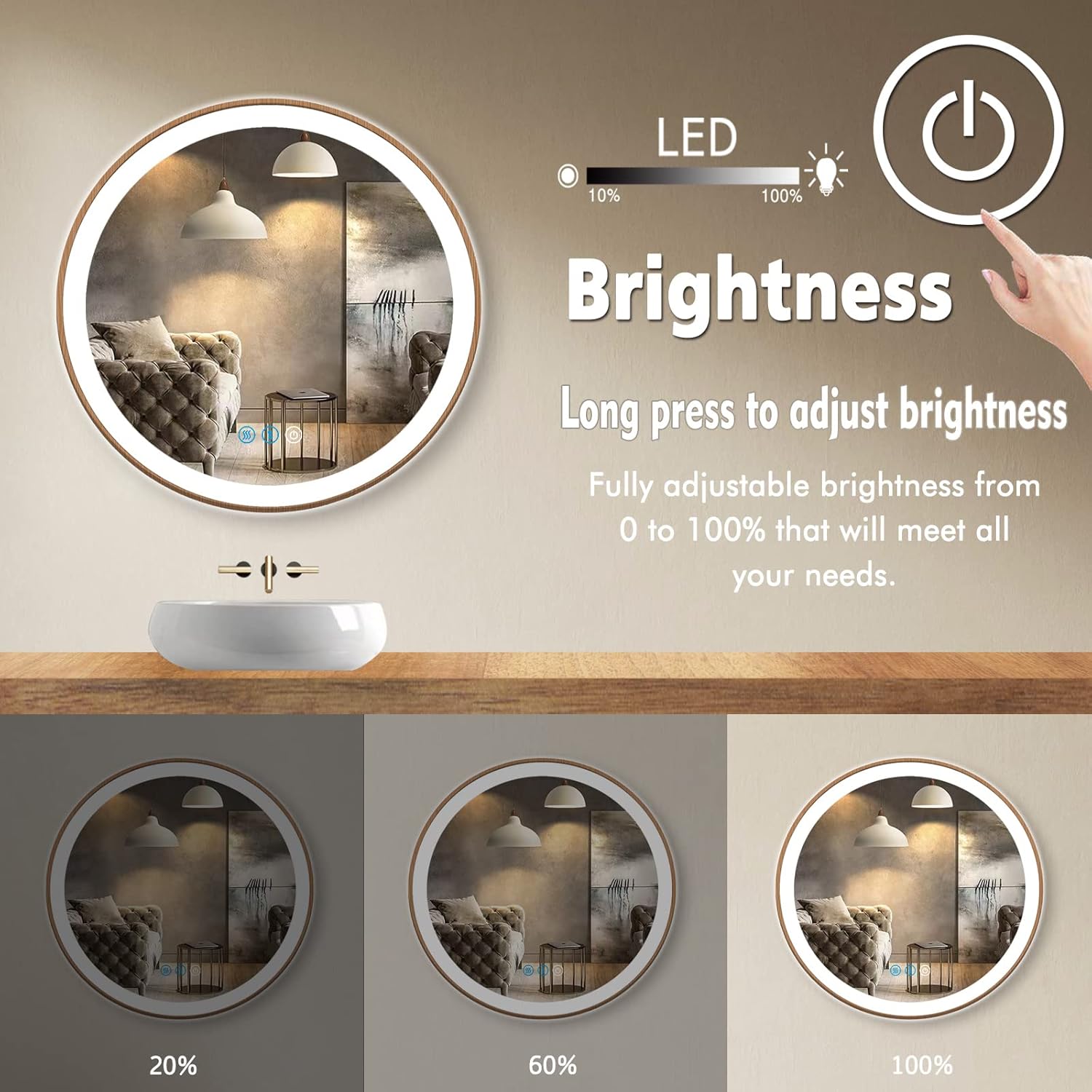 24 Inch Wood Bathroom Round LED Mirror with Lights Wood Frame Round Lighted Mirror for Bathroom Wall Round Vanity Lighted Mirrors 3 Color Dimmable Anti Fog Bathroom Circle Smart Light up Mirror