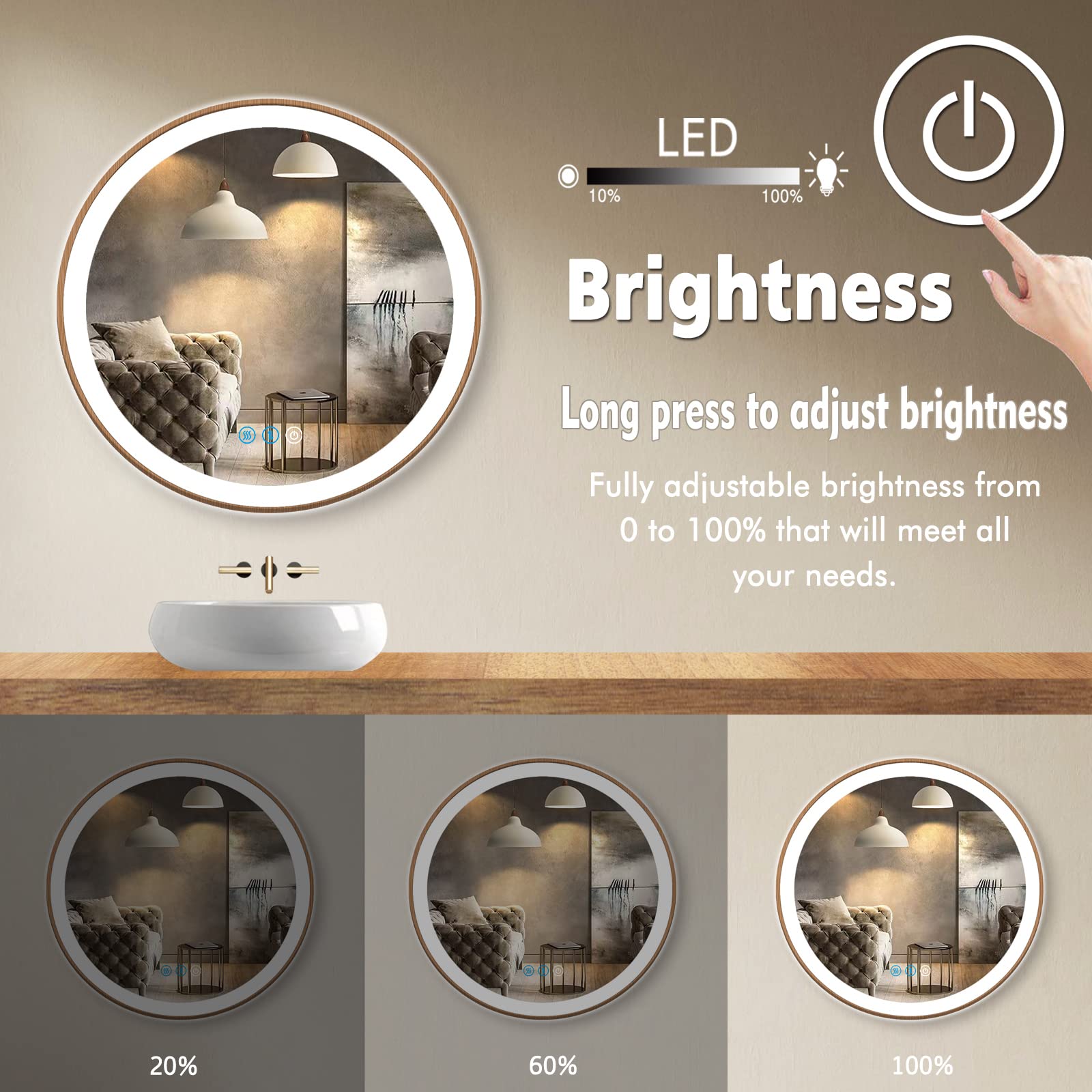Espejo Redondo de Madera de 24 Pulgadas con Luces LED con Marco de Madera, Espejo Redondo Iluminado para Pared de baño, Espejos iluminados, 3 Colores, Regulables, antivaho, círculo de baño