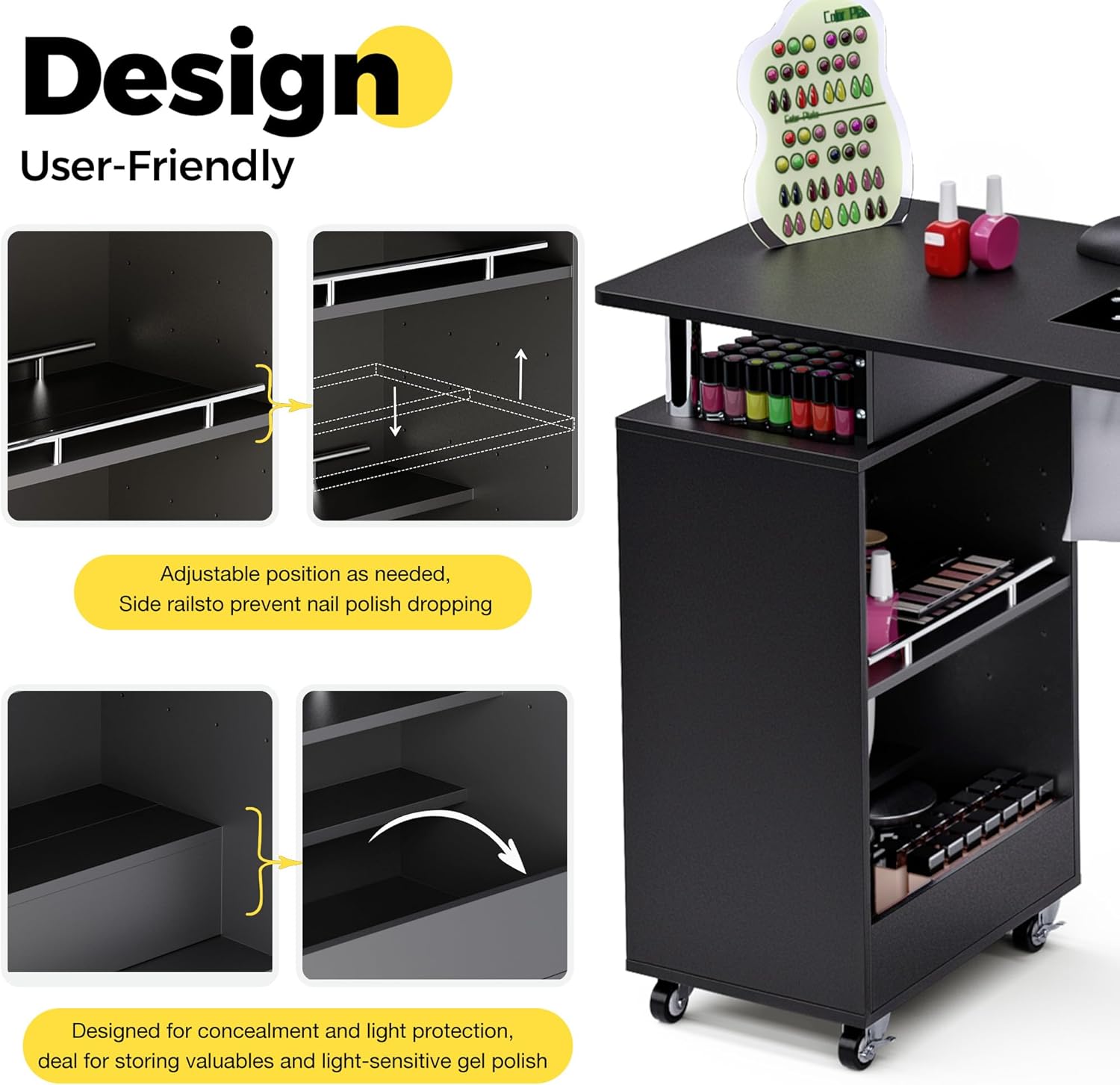 Manicure Table, Nail Desk Nail Tech Table with Dust Collector, Arm Rest, Wheels, Drawer & Cabinet, Beauty Salon Station, Black