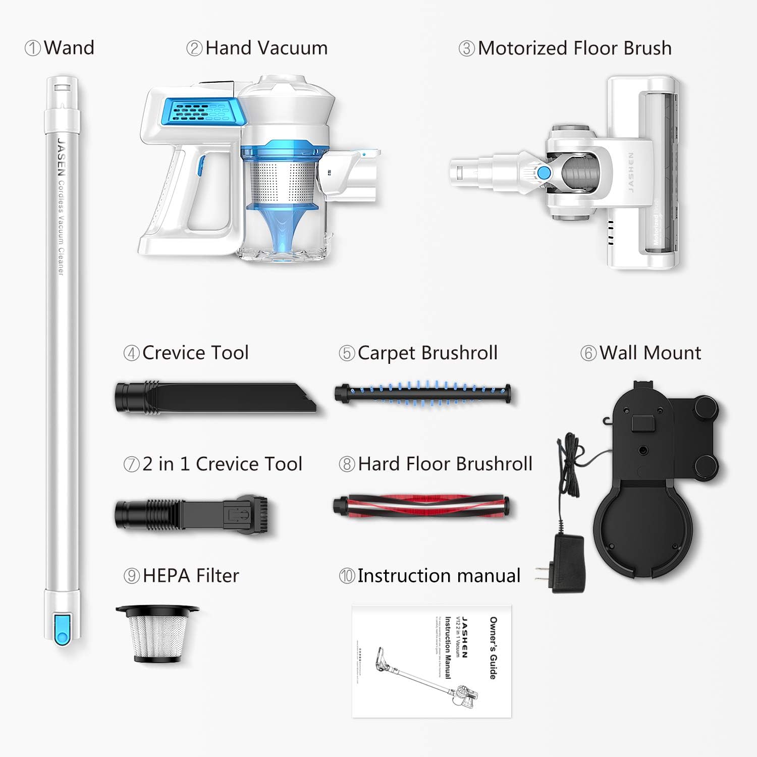 All components of the JASHEN Cordless Vacuum V12 laid out, including wand, hand vacuum, motorized floor brush, crevice tool, 2-in-1 crevice tool, carpet brushroll, hard floor brushroll, HEPA filter, wall mount, and instruction manual.