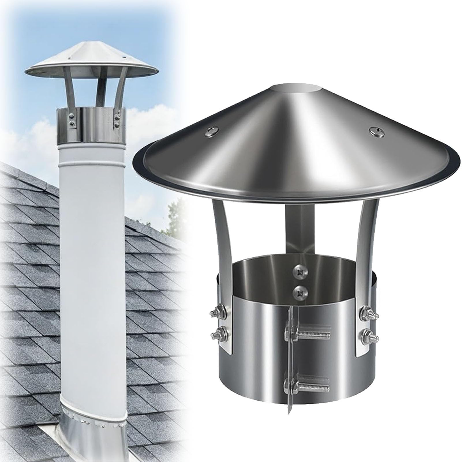 Kxwoq3ed Silver Cone Top Fireplace Exhaust Cap, 304 Stainless Steel Round Chimney Cover, Roof Vent, Weatherproof, Rain Cap, 75 Mm–315 Mm, Stove Pipe, Outside Flue, Adjustable Bottom(12.4In/315Mm)