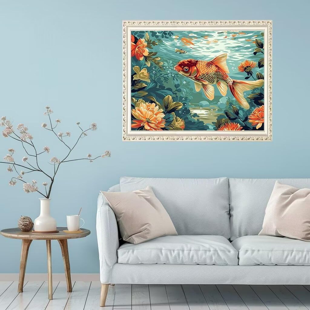 ペイントバイナンバー花 魚 数字油絵 DIY数字塗り絵 ペイントバイナンバーDIY大人油絵の芸術工芸品 番号絵画 キット含むけ ブラ