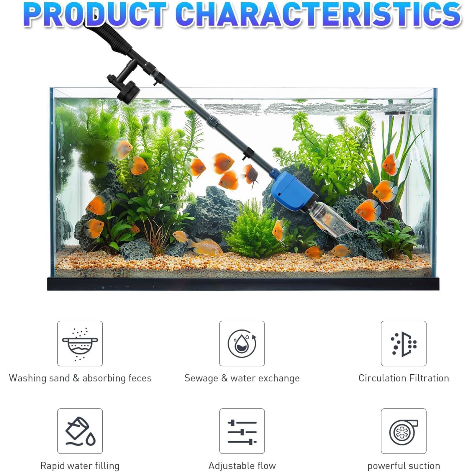 Aspirateur Électrique pour Aquarium Nettoyeur De Sable 6 en 1 Kit De Nettoyage De Gravier D'aquarium 32W avec Débit d'eau Réglable pour Changement d'eau, Nettoyage du Sable