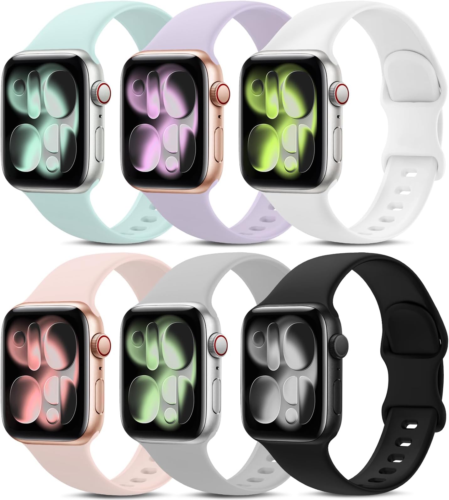 6 Pack Sport Bands Compatible with Apple Watch Band 38mm 40mm 41mm 42mm 44mm 45mm,Soft Silicone Waterproof Strap Wristbands Compatible with iWatch Apple Watch Series 7 6 5 4 3 2 1 SE Women Men