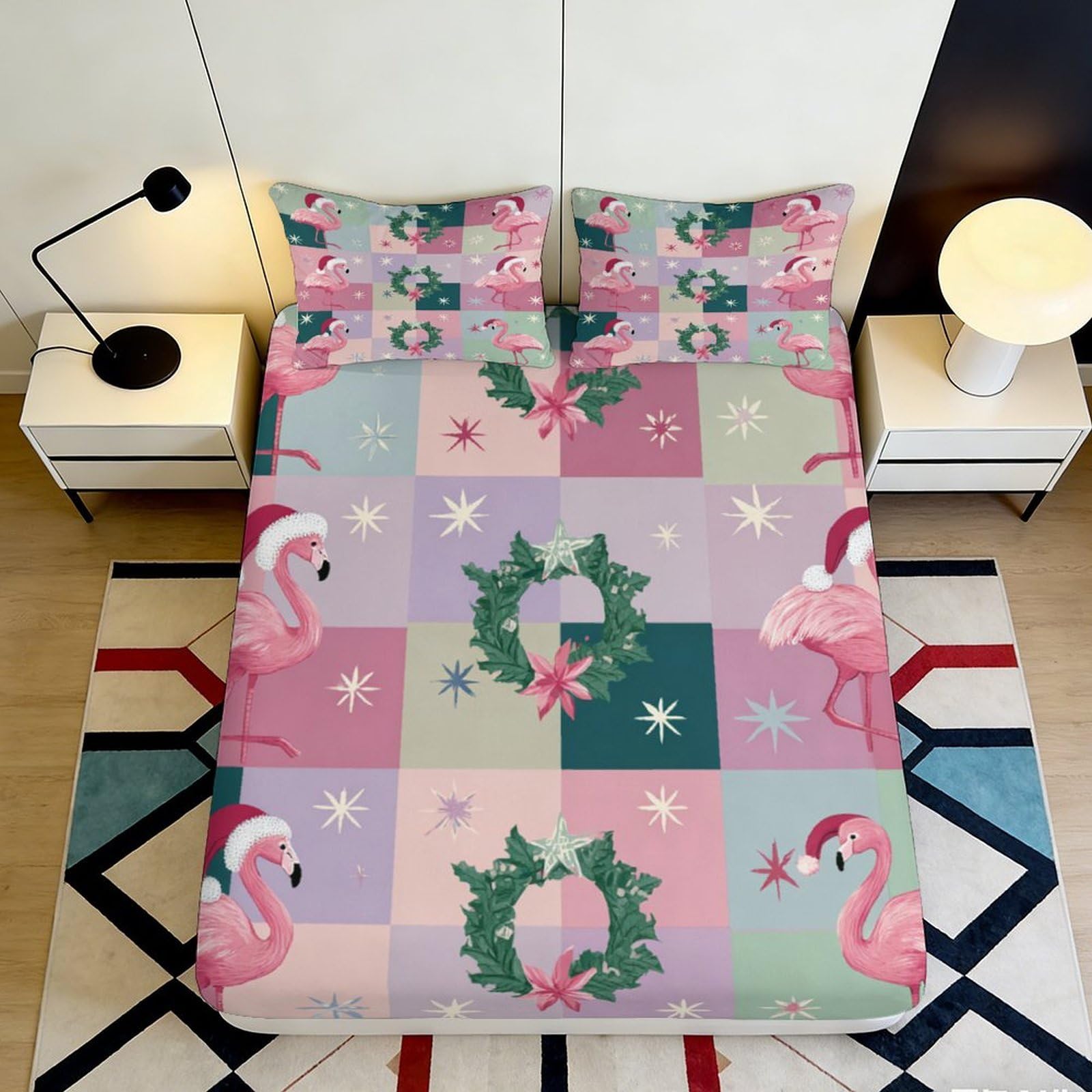 Jqzkxnhpbr Style-3 3D Printed Christmas Flamingo Fitted Sheet Microfiber Pink Green Wreath Bed Cover Non-Slip Bedroom Dorm Decor 90X200x25cm