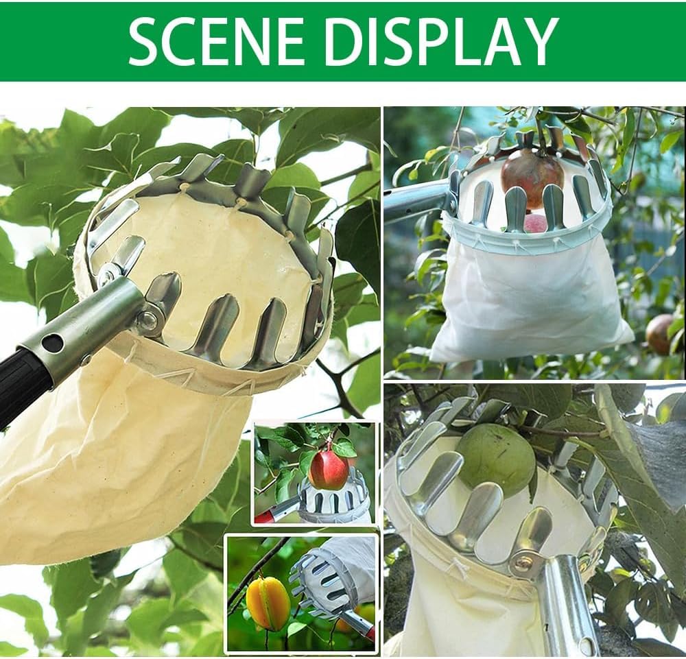 HEYIDAMAI Récolteur de fruits, récolteur de pommes, aide à la récolte 453 cm, pince à fruits facile à monter, récolteur de cerises avec rallonge légère en acier inoxydable, tige de connexion et sac en
