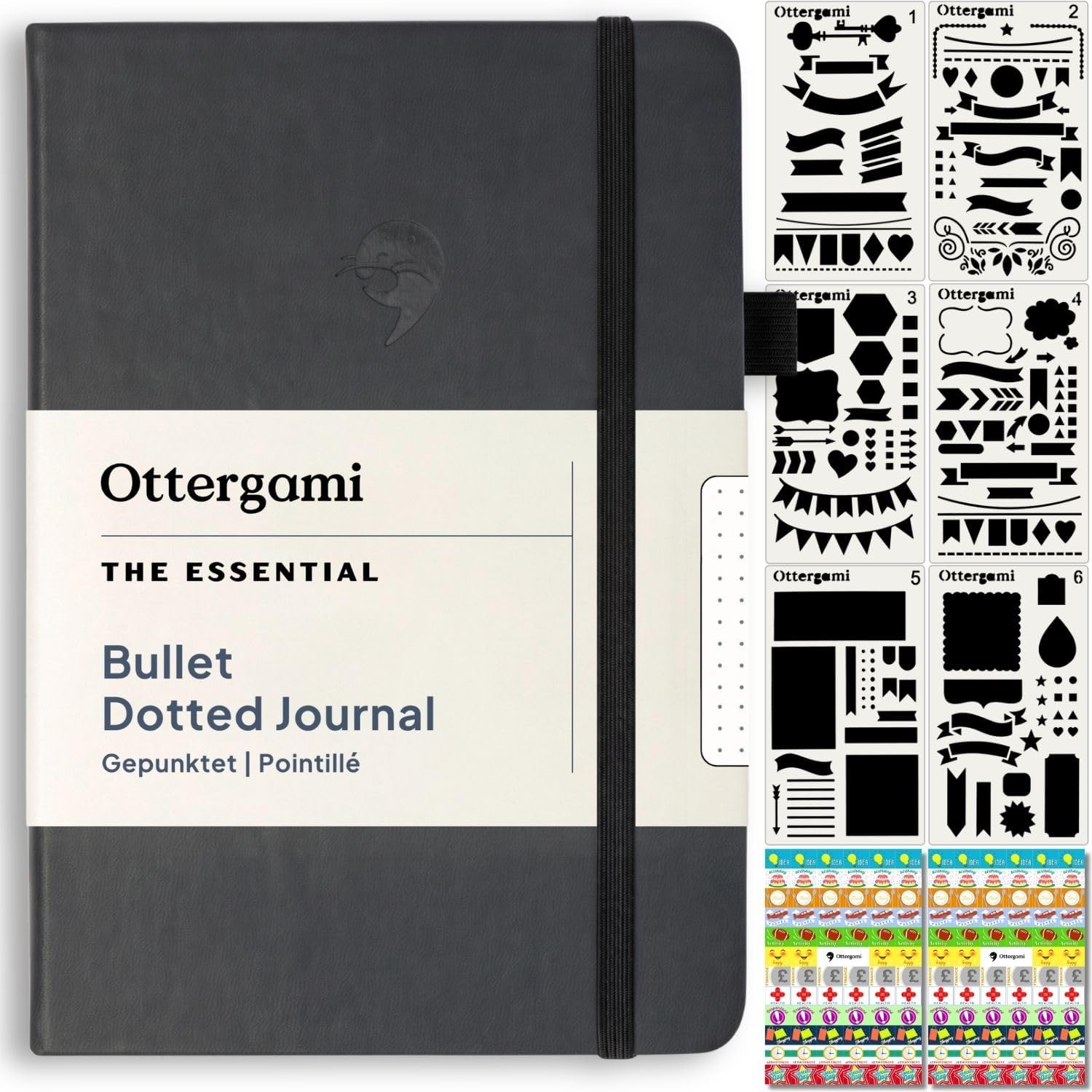 OTTERGAMI Bullet Journal Dotted | Notebook | Stencils, Sticker & Pen Holder | 100gsm Anti-Smudges Paper | The Essential - Black