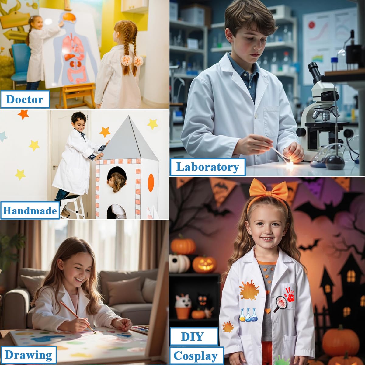 Bata Laboratorio Algodón Blanca Manga Larga Niño Niña Disfraz Científico Médico Enfermera Doctor