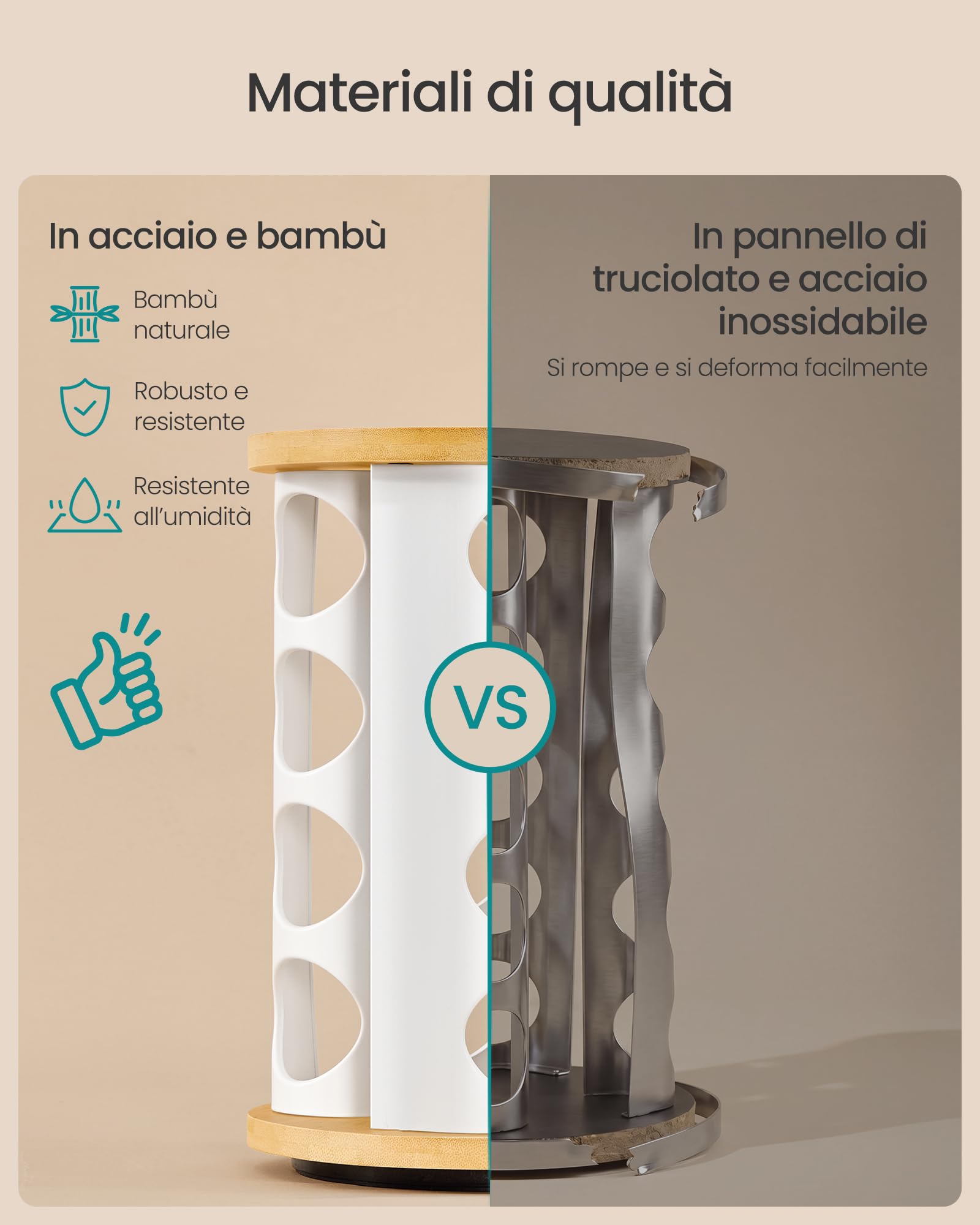 SONGMICS Portaspezie Girevole, con 16 Barattoli in Vetro, Organizer da Cucina, Porta Spezie con Etichette, Imbuto, Pennarello, Spazzola, Bianco Opaco e Bambù Naturale KCS256W101
