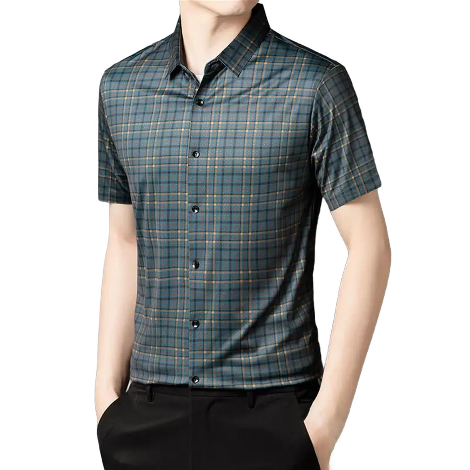 Camicia da uomo a maniche corte con bottoni, sottile, casual, resistente, design scozzese