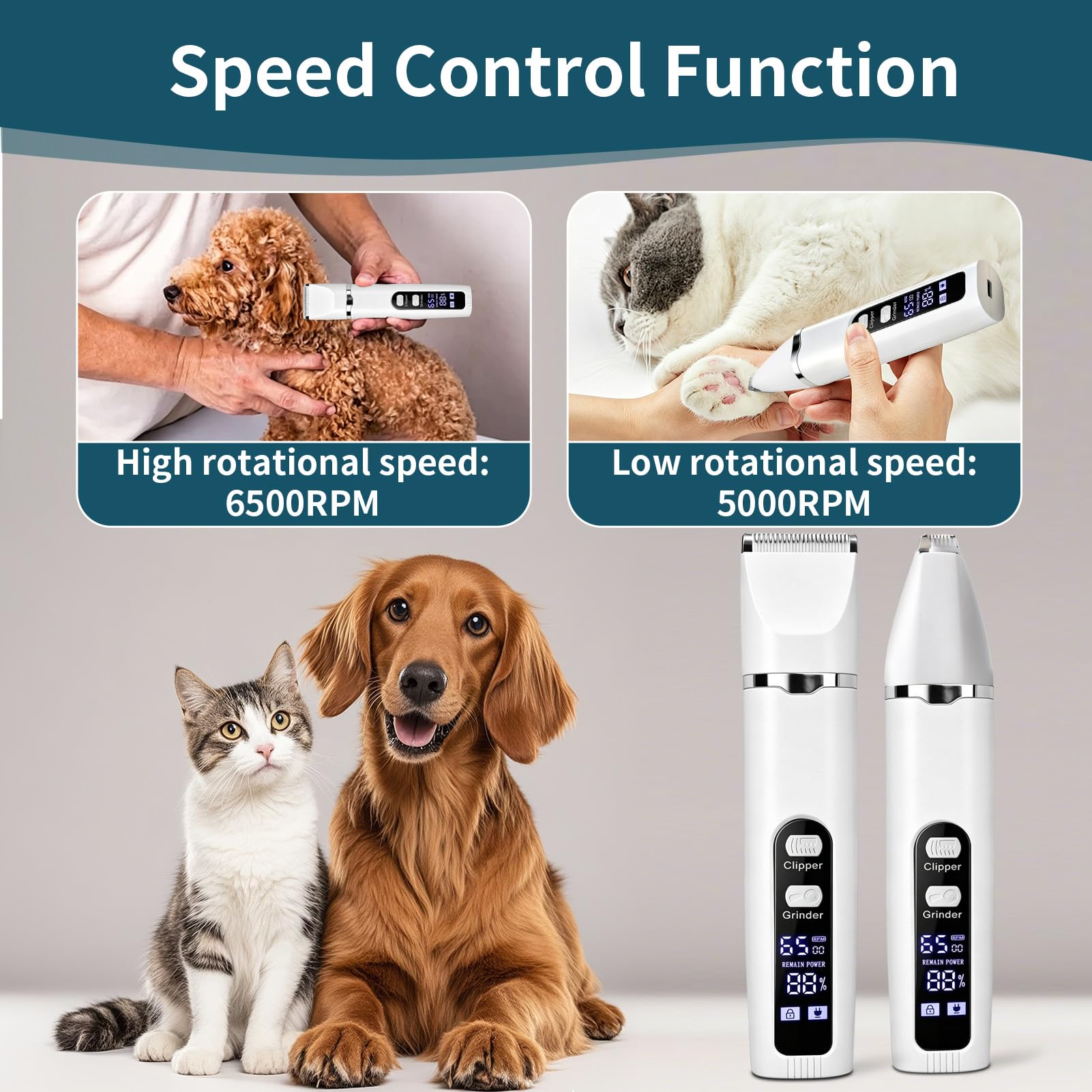 Kit Toilettage Chien 4 en 1, Tondeuse Chien et Tondeuse Chat Silencieuse Sans Fil, Tondeuse Pour Chien Professionnelle avec Écran LCD, Tondeuse Animaux pour Poils Longs et Pattes, Blanc