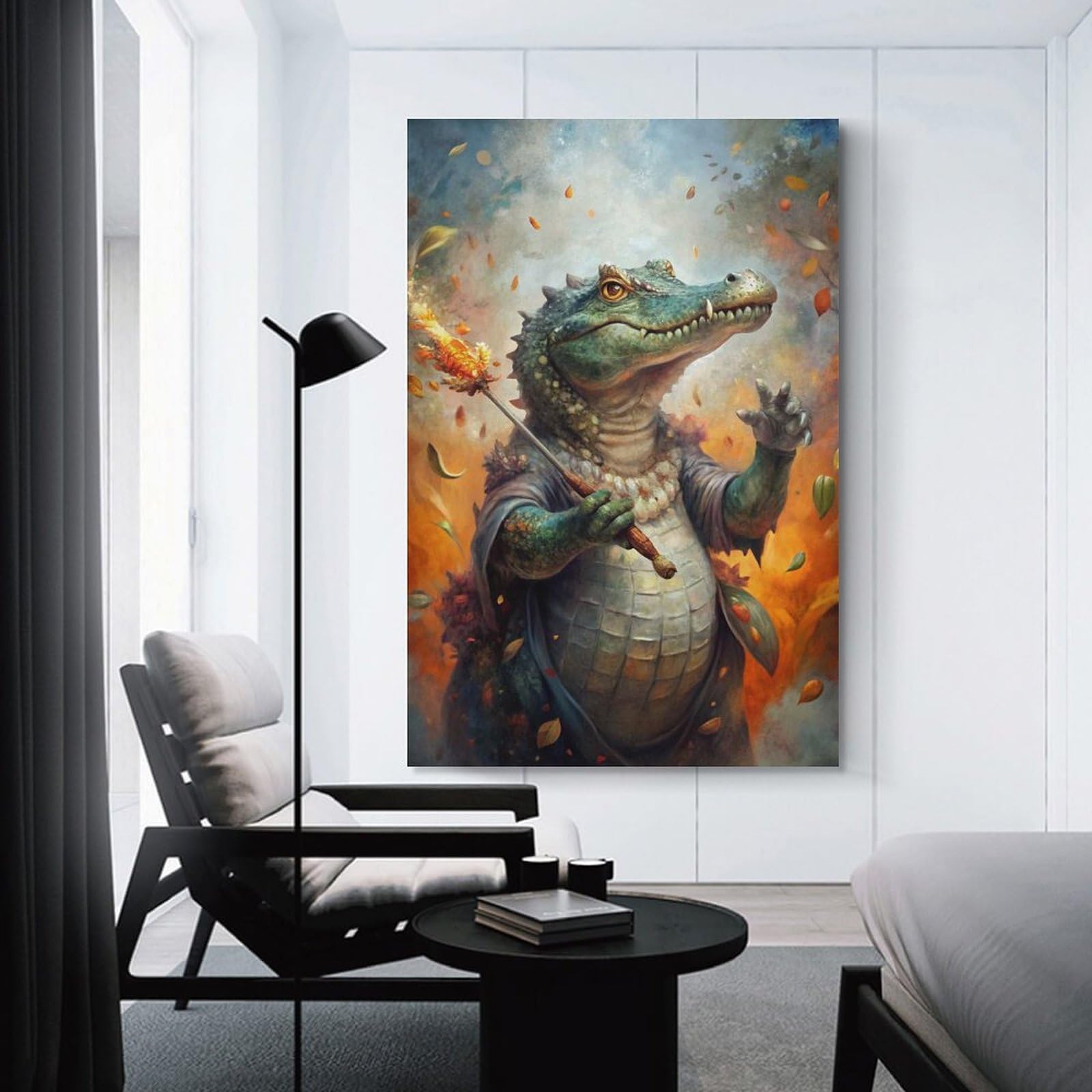 Junmoney Alligator Wizard with Fire Staff Canvas Art Print, 24x36inch(60x90cm), for Bedrooms, Workspaces And Everyday Interiors, A Flexible Wall Accent for Shared Spaces