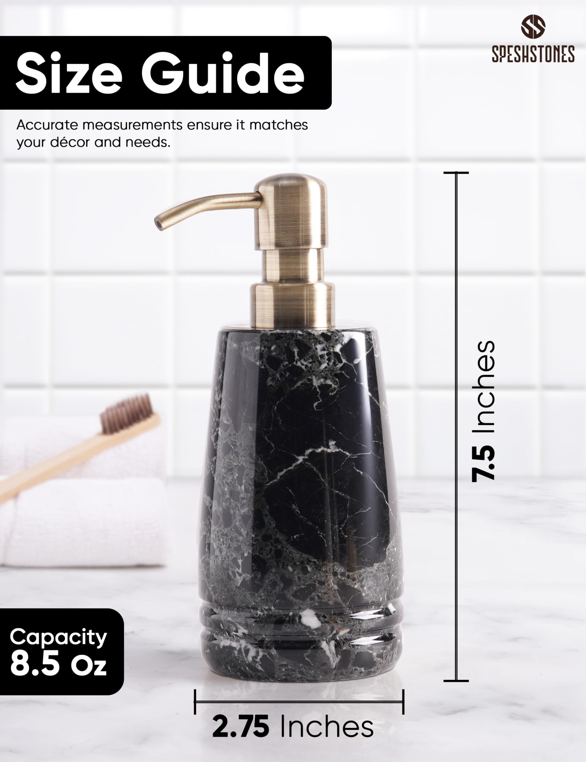 SPESHSTONES - Dispensador de jabón de mármol de 19 cm, color negro para jabón líquido de manos y vajilla para fregadero de cocina, contenedor para desinfectante, loción, champú espumoso para
