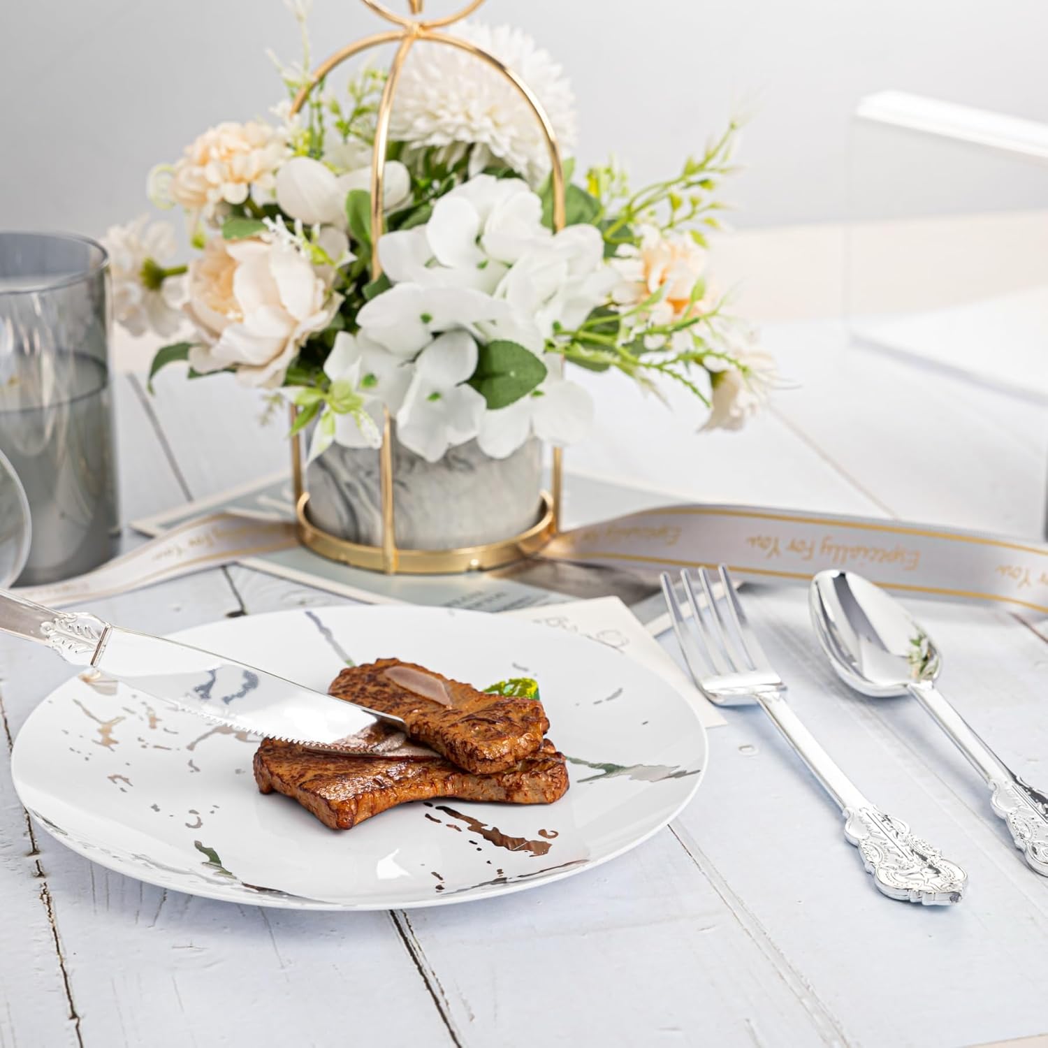 N9R 300PCS Silver Plastic Silverware, Heavy Duty Plastic Cutlery for Parties, Fancy Disposable Flatware Set Includes 100 Forks, 100 Spoons, and 100 Knives, Perfect for Weddings, Dinners, Picnics