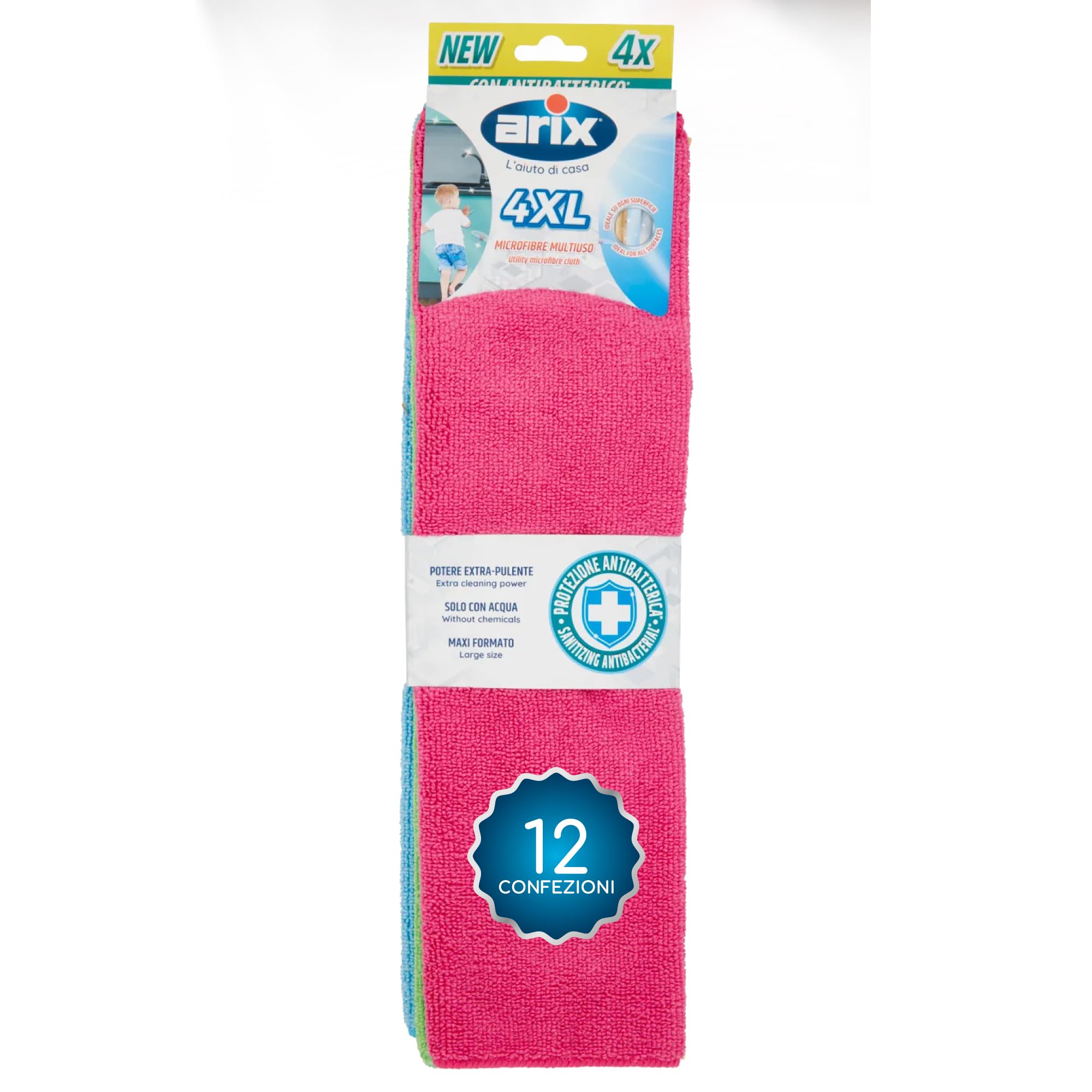 Arix | 48 Microfribre XXL Colorate con Trattamento Antibatterico, 38x36 cm, Panno in Microfibra Multiuso Potere Extra Pulente, Adatto a Tutte le Superfici - 12 Confezioni