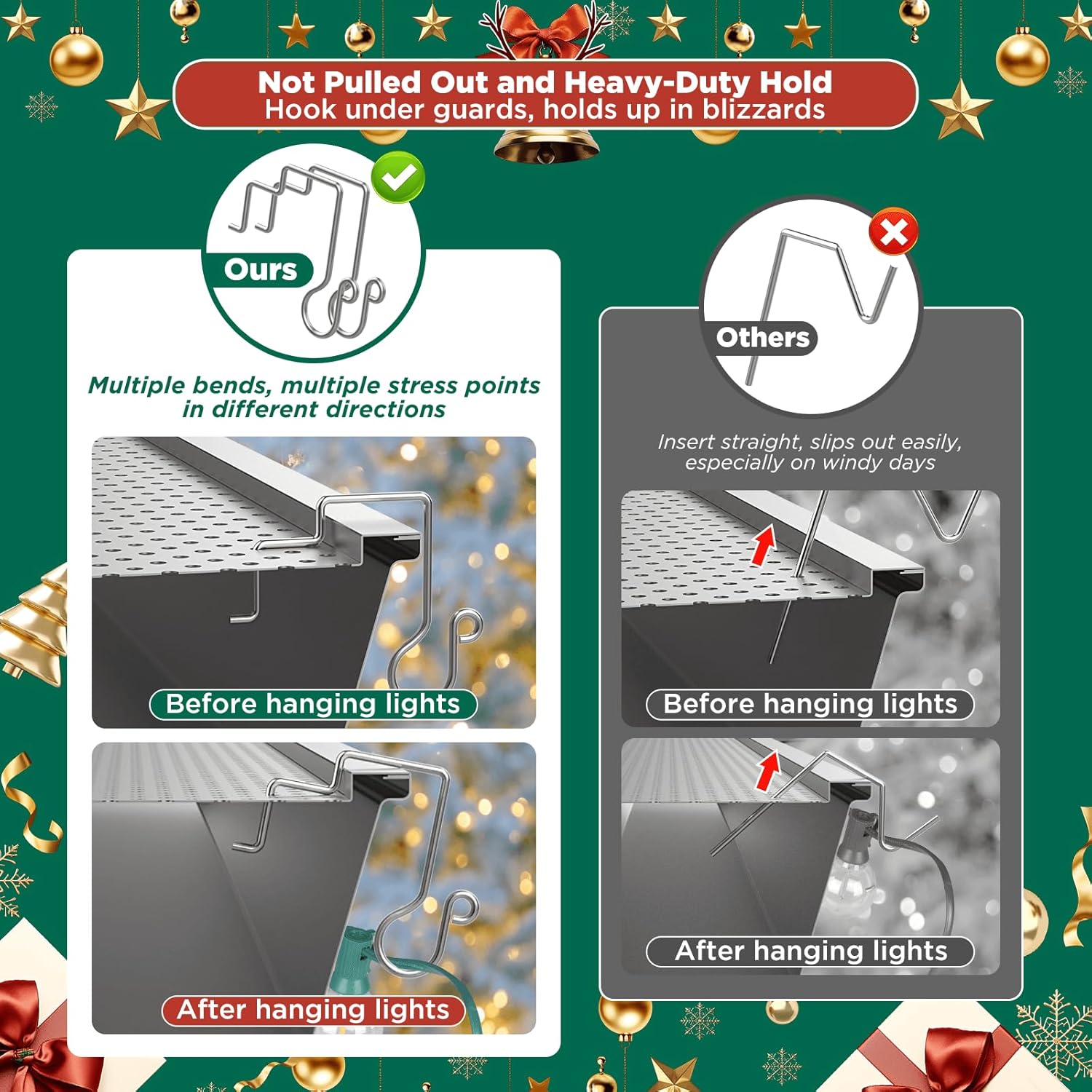 100PCS Christmas Light Hooks for Gutter Guards with Perforated or Mesh, Stainless Steel Hanger Clips for Hanging Outside Christmas Lights Strings, Outdoor Windproof Anti-Slip Metal Hooks (100)
