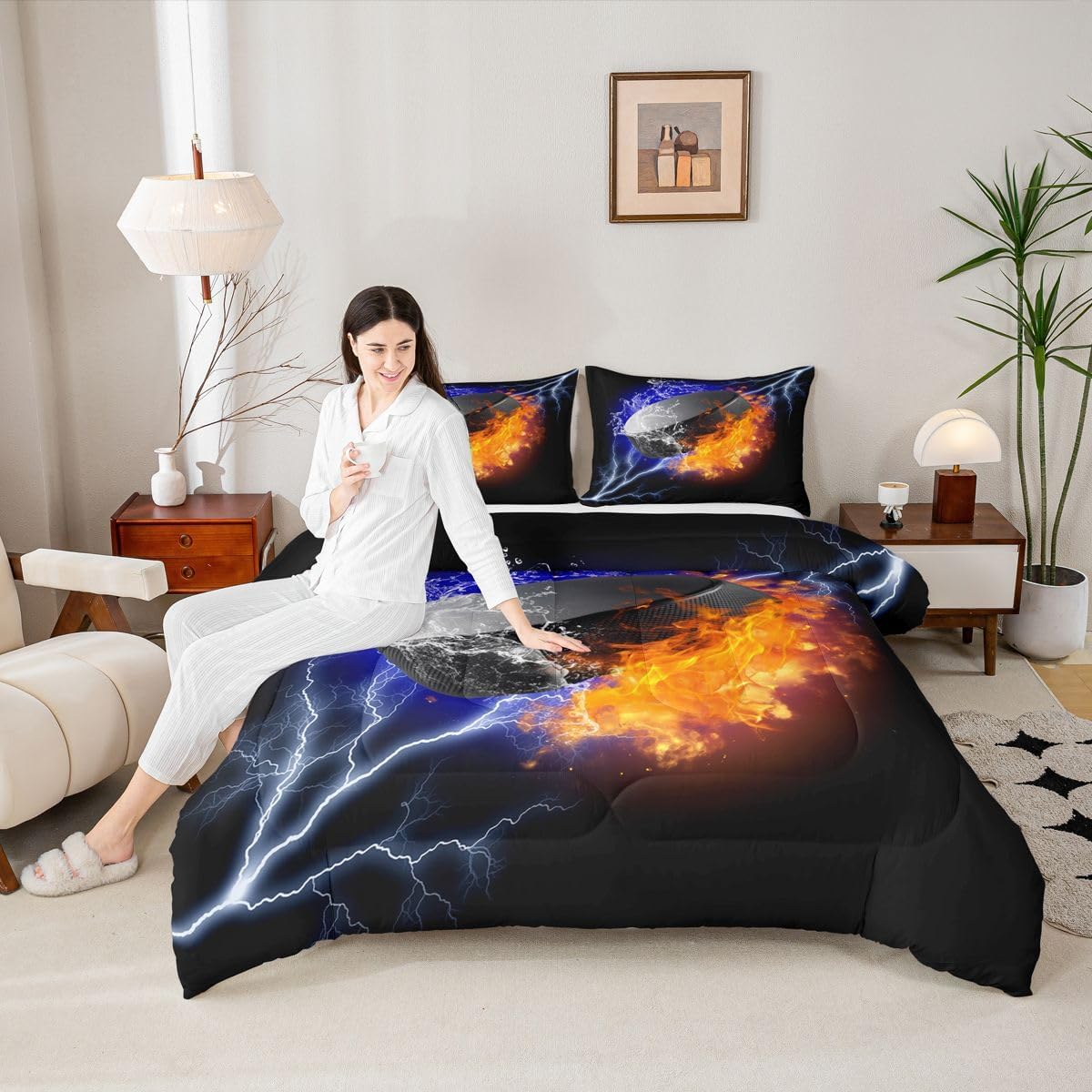 Erosebridal Ice Hockey Bedding Set Full, Flame Puck Comforter Set for Kids Boys Teens Adult Bedroom, Sports Games Bedding Comforter Sets Ice Hockey Gifts for Teenage Boys, Fire Water Lightning Quilt