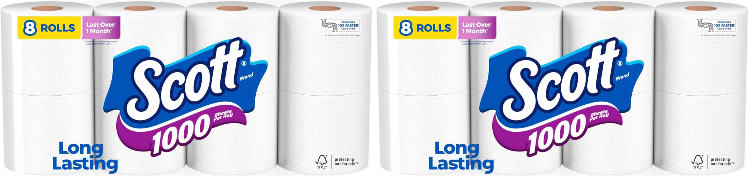Toilet Paper, 1-Ply, 8 Rolls | Septic-Safe | Pack of 2
