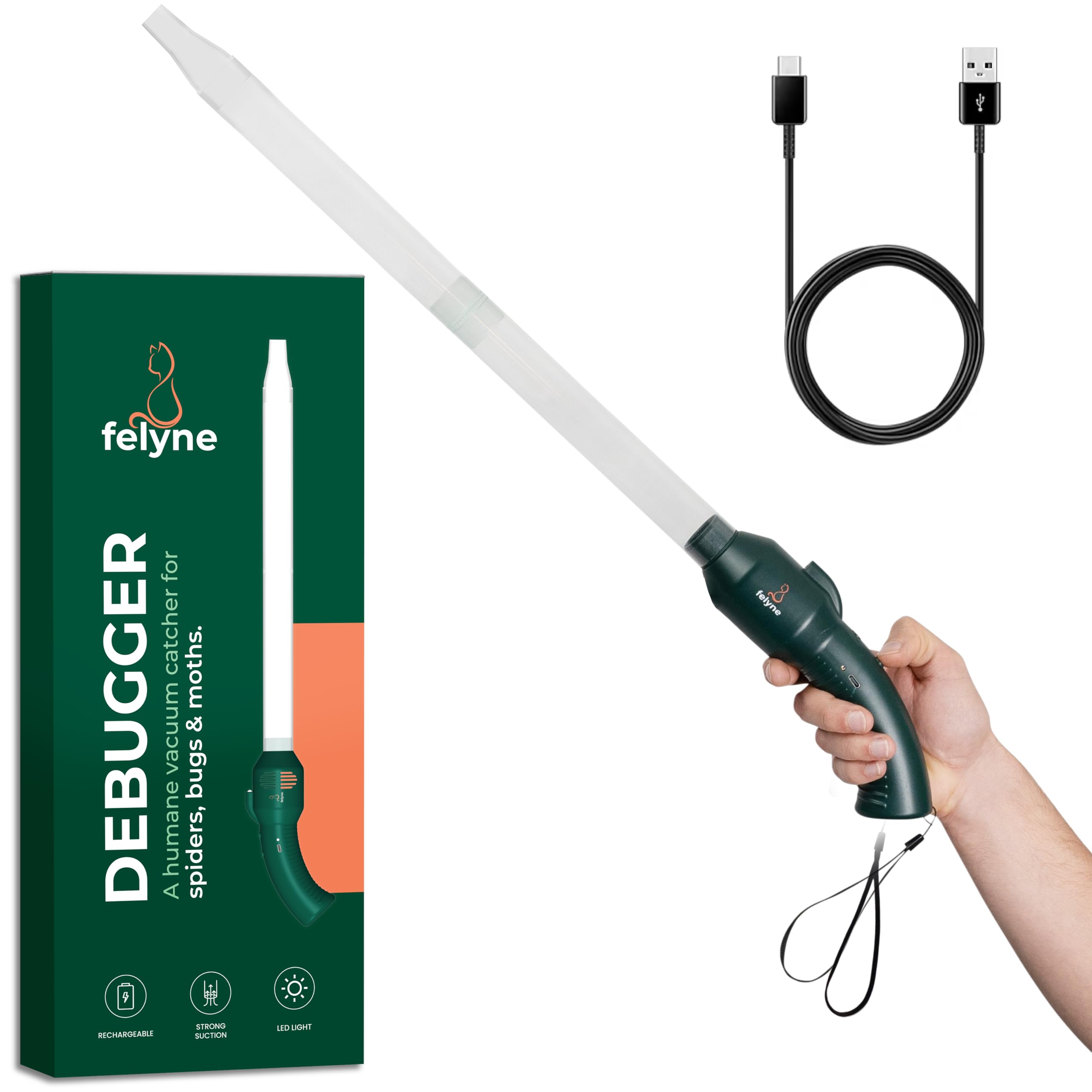 Rechargeable Bug & Spider Catcher Vacuum, Strong Suction, Long Reach, Handheld Insect Trap for Indoor & Garden, New 2026 Model by Felyne