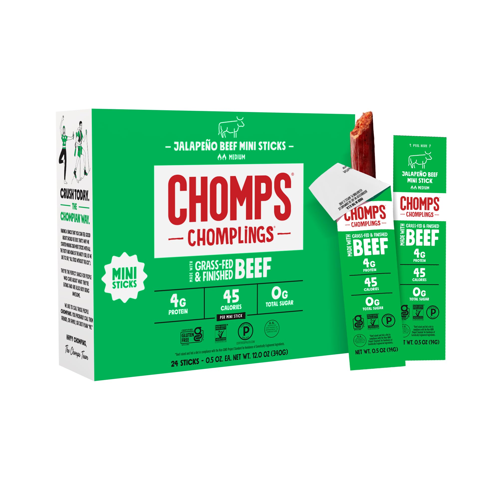 Chomps Snack Size Grass-Fed and Finished Jalape o Beef Jerky Snack Sticks 0 5oz 24-Pack - Keto Paleo