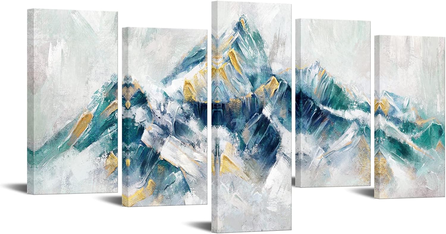 LevvArts Large 5 Piece Abstract Canvas Wall Art Teal Green and Gold Mountain Painting Prints Modern Green Artwork for Living Room Office Decoration Stretched and Framed Easy to Hang
