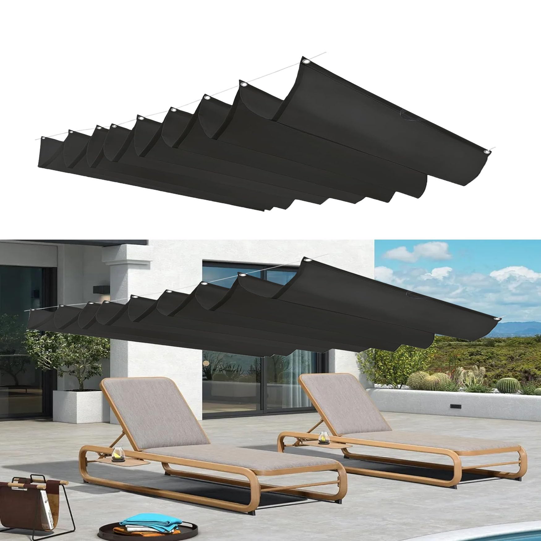 Voile d'ombrage rétractable noir 140x820 cm imperméable pour grand patio