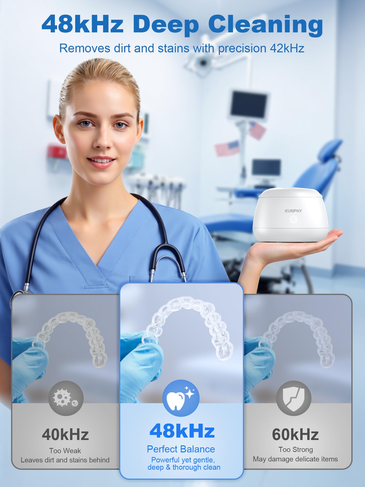 Limpiador ultrasónico de retención: kunphy 48 kHz limpiador ultrasónico, cápsula dental para alineador, protectores nocturnos, protectores bucales deportivos, aparatos ortopédicos, cabezales de