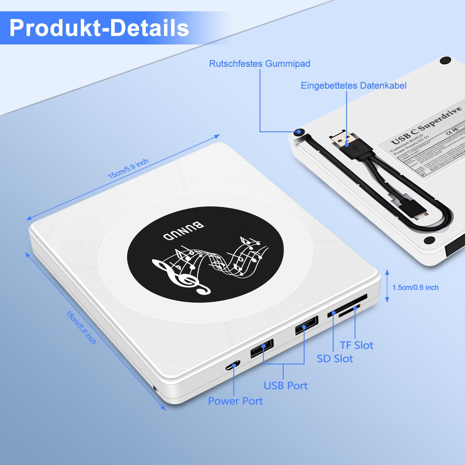 BUNUD Externes Blu Ray Laufwerk, USB 3.0 Bluray Brenner Extern USB C Externe Blu-ray Laufwerk mit 2 USB & SD/TF Slots, Externe Bluray laufwerke für PC Laptop Windows 11/10 Mac MacBook