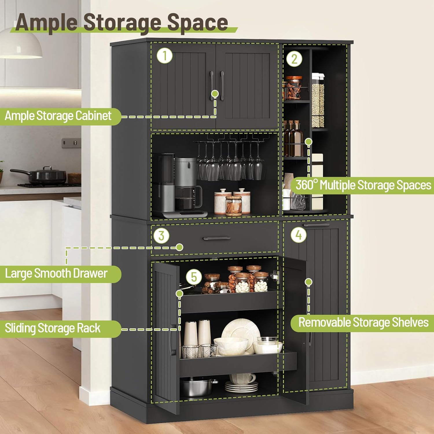 Pantry Cabinet, 67.7" Tall Kitchen Pantry Storage Cabinet with 360° Rotating Shelf & 2 Pull-Out Racks, Freestanding Kitchen Hutch with Charging Station & Drawer, for Dining Room, Black