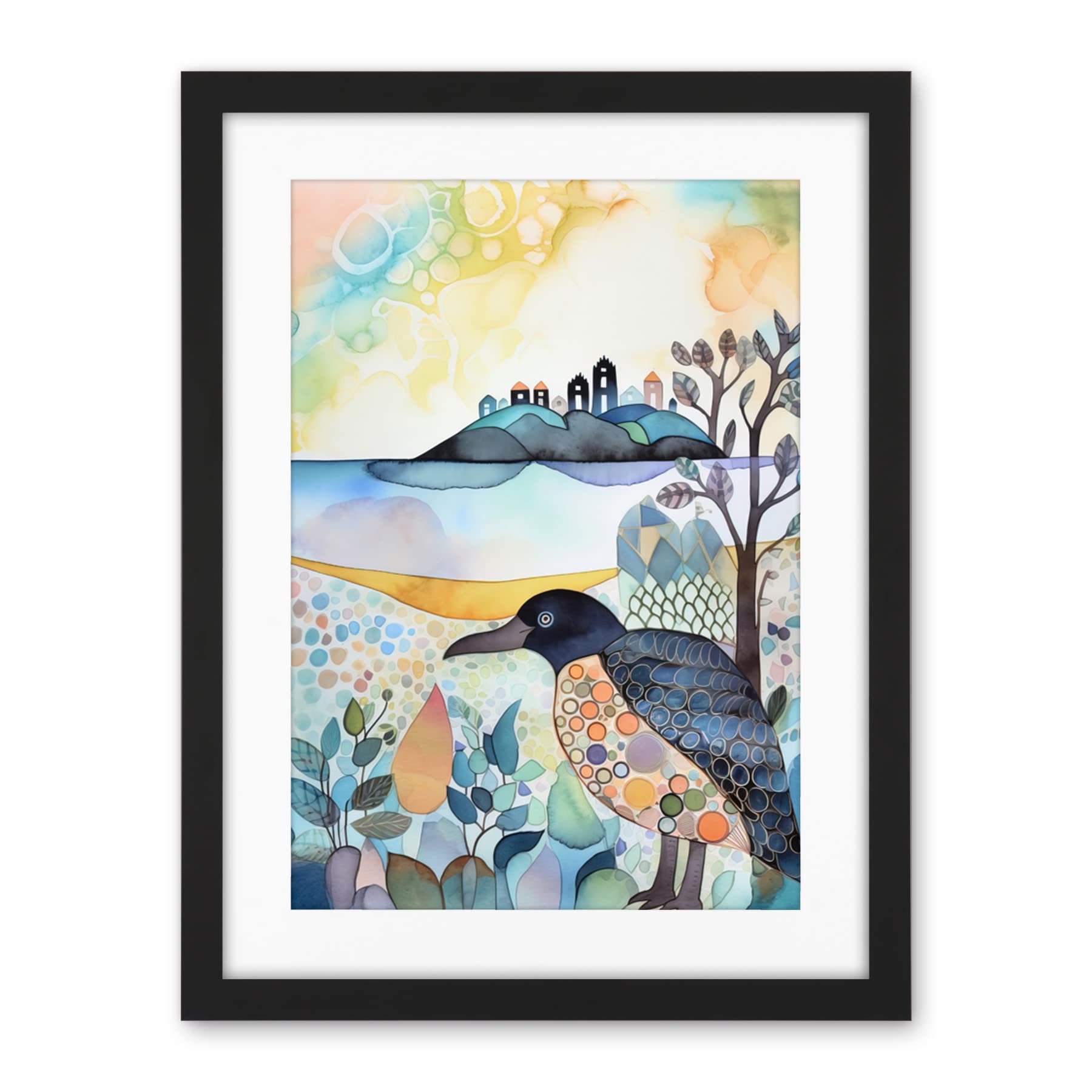 Artery8 Coastal Island Wildlife Folk Art Watercolour Painting Artwork Framed Wall Art Print 18X24 Inch