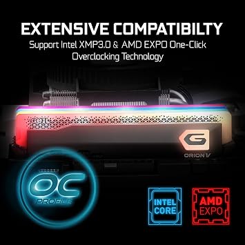 GEIL ORION V RGB GAVSG532GB5200C38BDC 32GB (2x16GB) DDR5 5200MHz CL38, XMP 3.0, On-Die ECC & PMIC, RGB Aydınlatma, Alüminyum Soğutucu, Gri