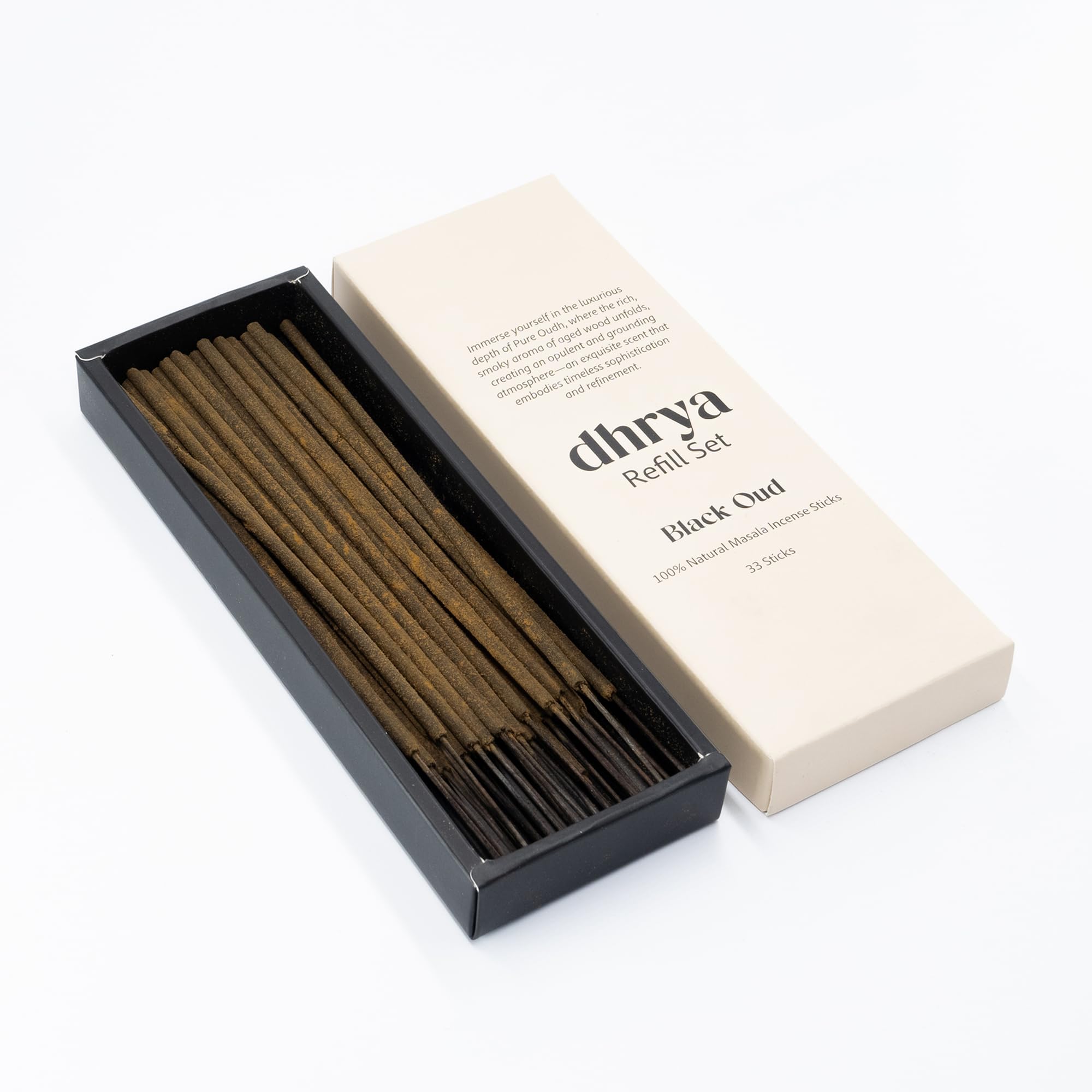 Dhrya Black Oud Luxury Incense Stick Refills – Hand-Made Natural Masala Incense, Organic, Charcoal-Free, Premium Pure Oudh Aroma (33 Refill Sticks Only)